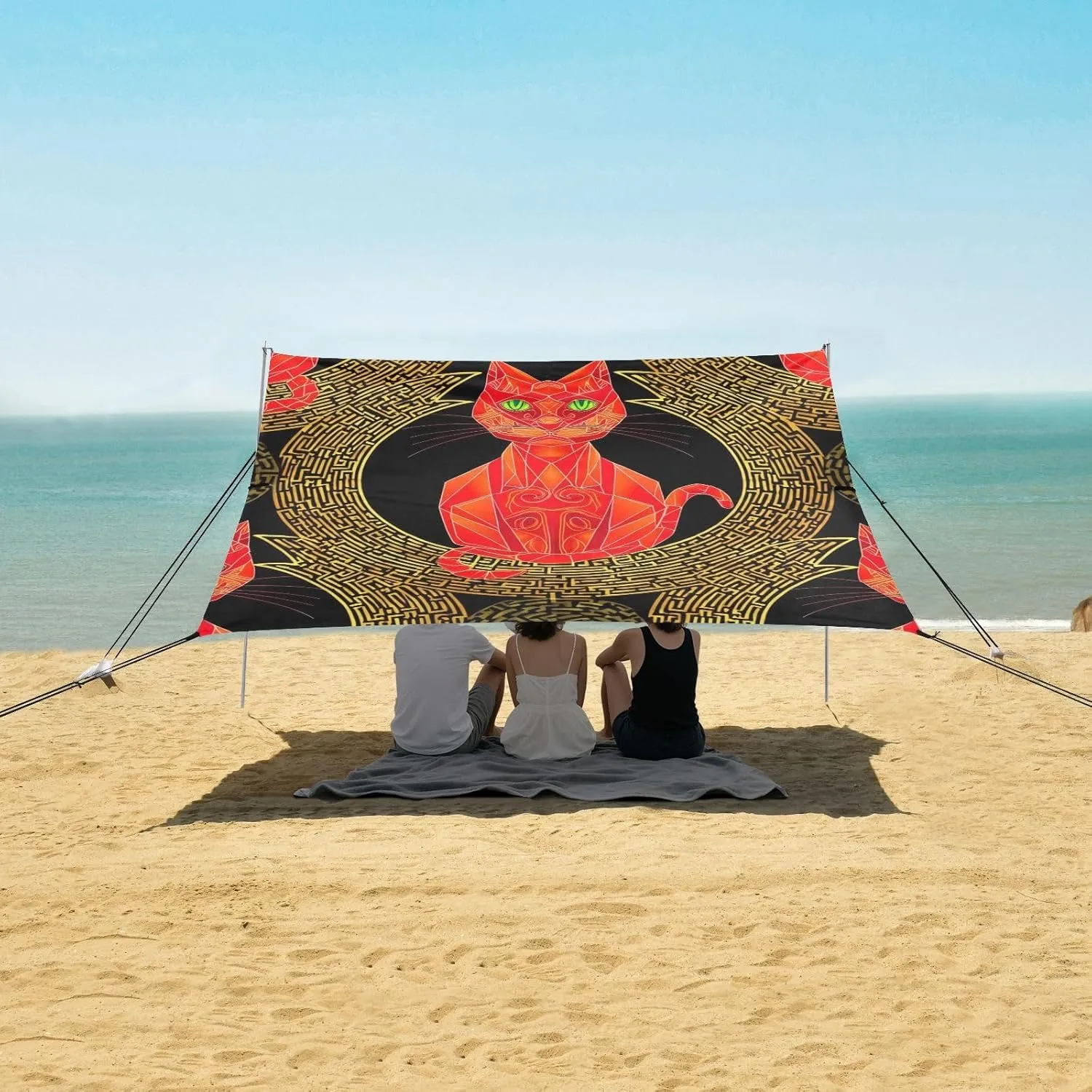Stylized Red Cat Geometric Black Canopy Beach Tent Sun Shade Outdoor Patio Print Camping Shelter Backyard 9.2 × 10.5 FT Shelters with Sandbags Anchor