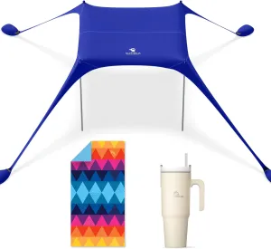 SUN NINJA Beach Tent Bundle with Beach Towel and 40oz Insulated Tumbler - UPF 50  Sun Protection, Sand-Free, Quick-Drying, Easy Setup & Portable for Family Beach Day
