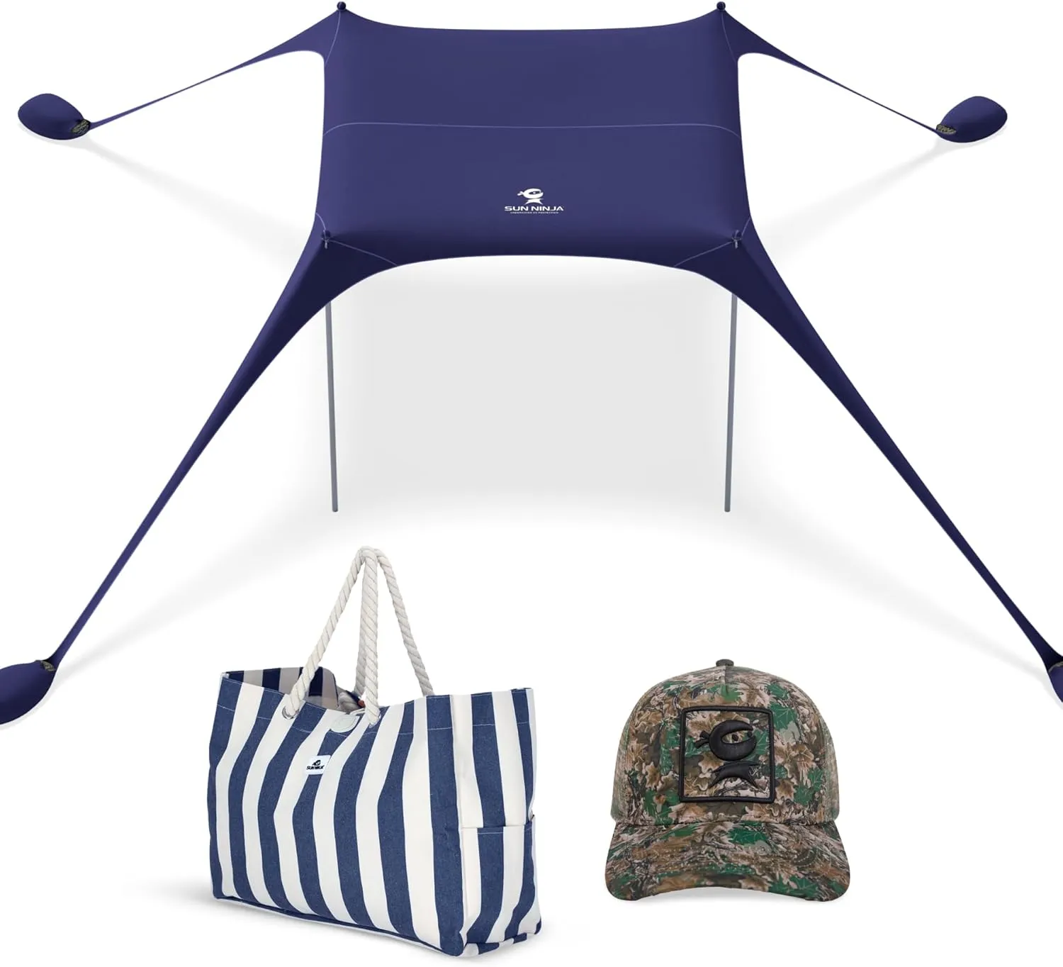 SUN NINJA Beach Tent Bundle with XL Canvas Tote Bag and Trucker Hat - UPF 50  Sun Protection, Water-Resistant, Quick Setup, Stylish & Functional, Complete Beach Day Set
