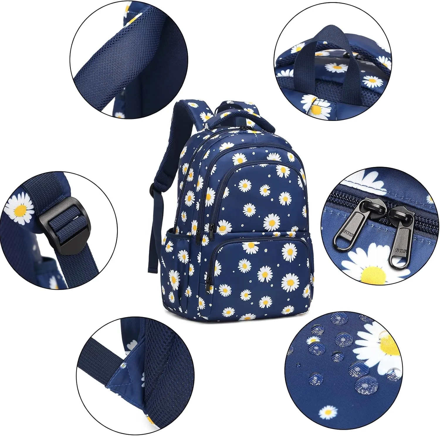Sunborls Backpack for Girls Teens Girls Bookbag Lightweight High-Capacity Waterproof School Gifts for Lovely Small Daisy Flower 3pcs (Blue)