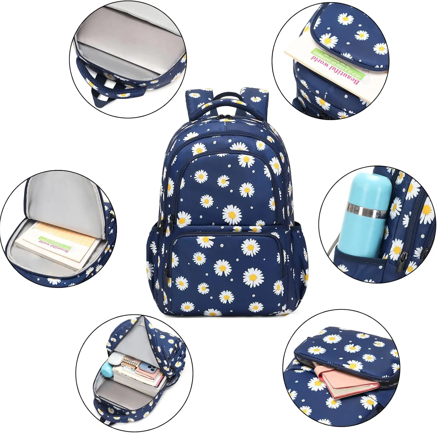 Sunborls Backpack for Girls Teens Girls Bookbag Lightweight High-Capacity Waterproof School Gifts for Lovely Small Daisy Flower 3pcs (Blue)