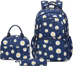 Sunborls Backpack for Girls Teens Girls Bookbag Lightweight High-Capacity Waterproof School Gifts for Lovely Small Daisy Flower 3pcs (Blue)