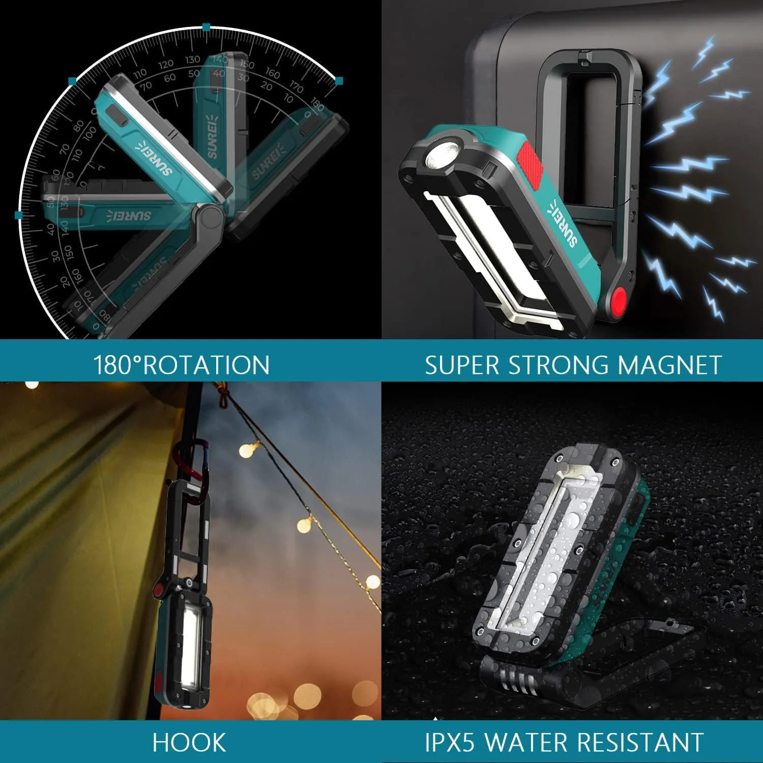 SUNREI LED Rechargeable Magnetic Work Lights, 1000 Lumens, Magnetic Base & Hanging, 7Mode, Flashlight for Job Site & Emergency