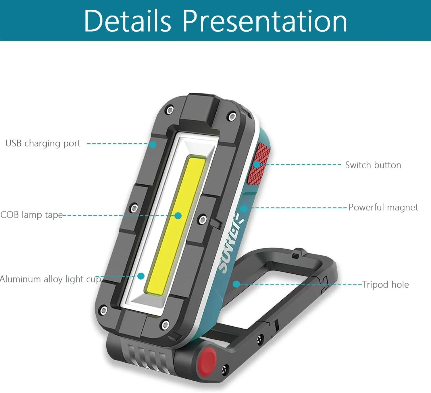 SUNREI LED Rechargeable Magnetic Work Lights, 1000 Lumens, Magnetic Base & Hanging, 7Mode, Flashlight for Job Site & Emergency