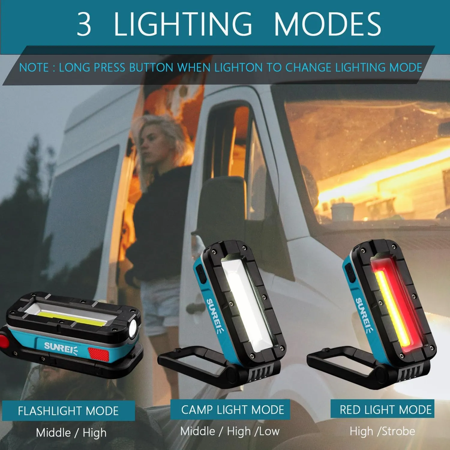 SUNREI LED Rechargeable Magnetic Work Lights, 1000 Lumens, Magnetic Base & Hanging, 7Mode, Flashlight for Job Site & Emergency