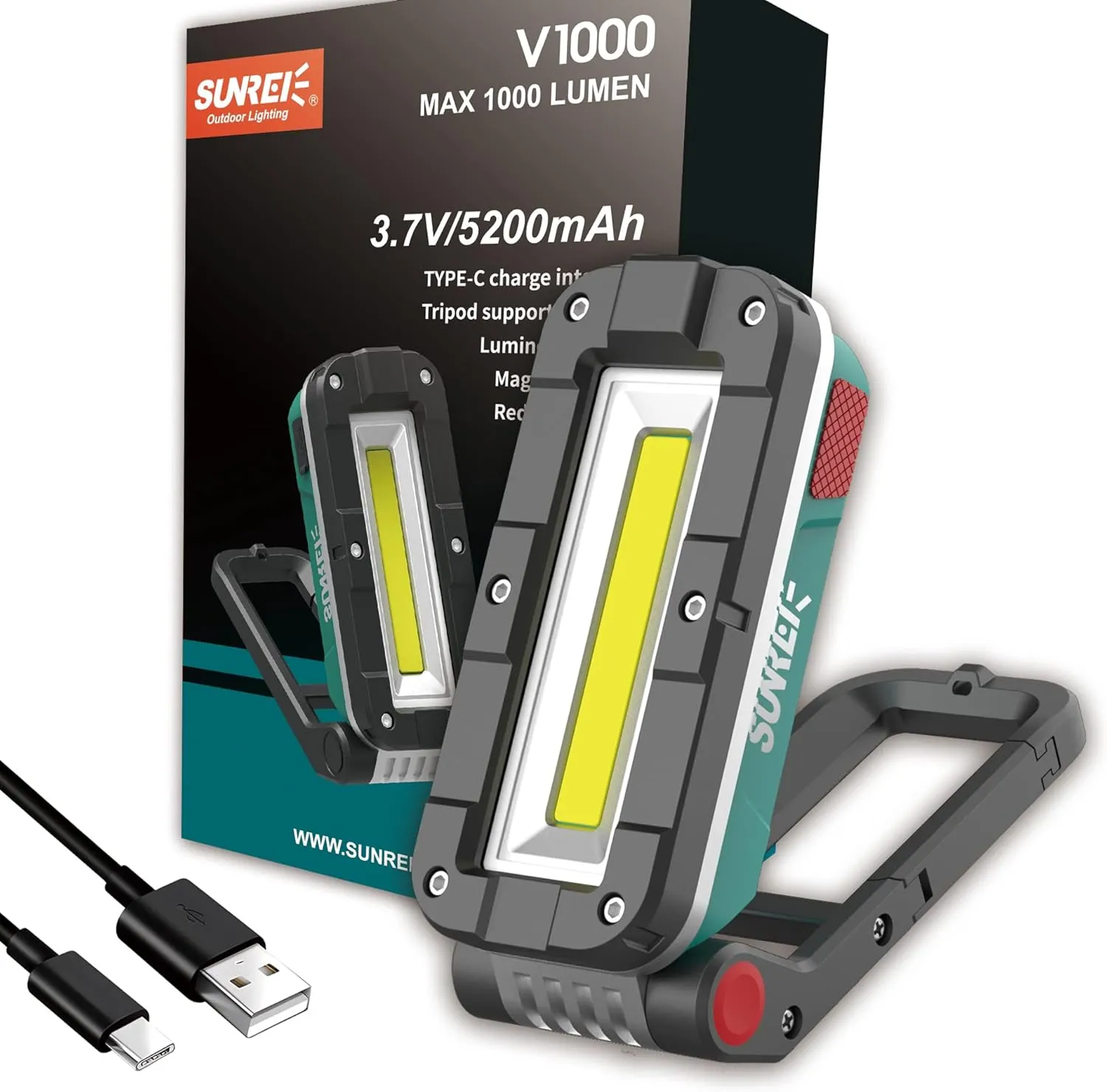SUNREI LED Rechargeable Magnetic Work Lights, 1000 Lumens, Magnetic Base & Hanging, 7Mode, Flashlight for Job Site & Emergency