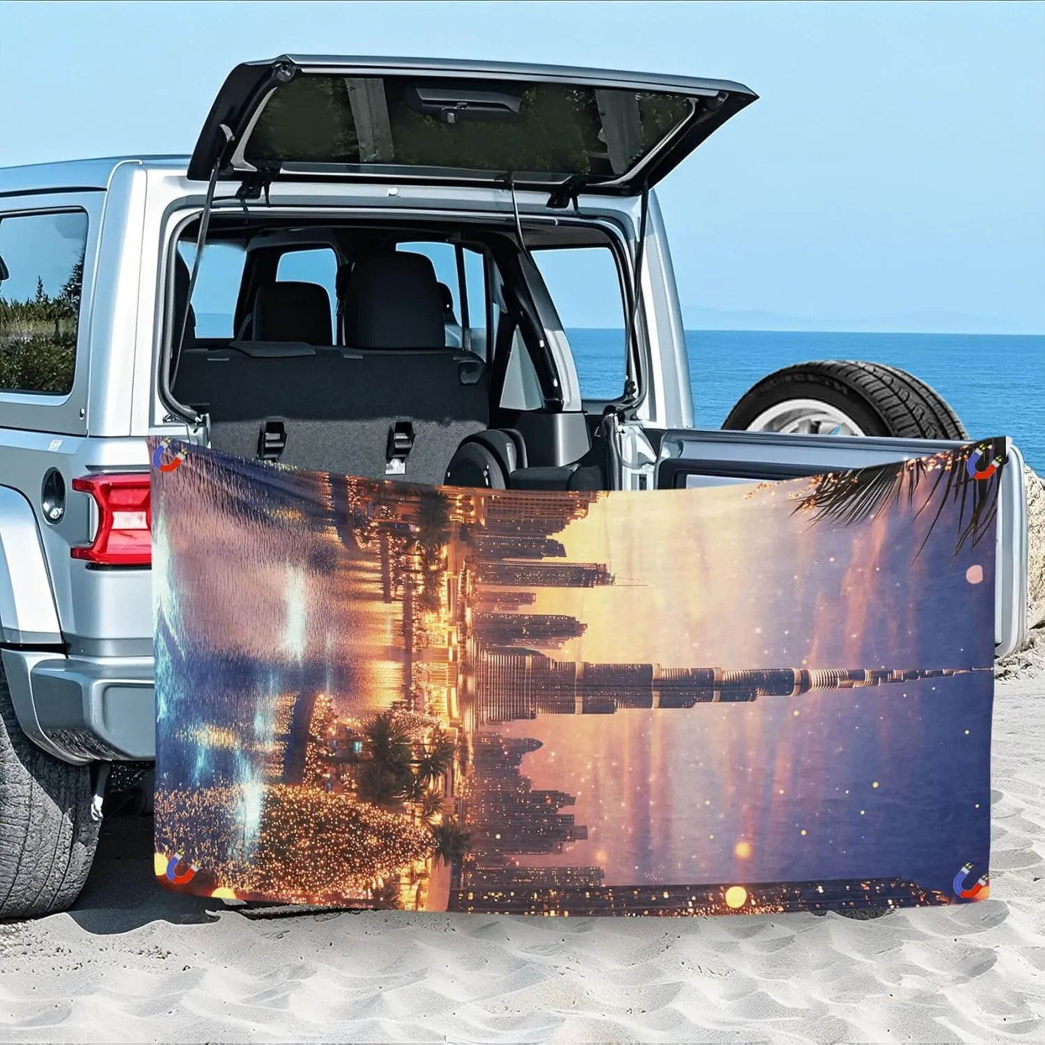 Sunset Glow Outdoor Magnetic Bath Towel, Illuminated Tower Beach Towel Lightweight, Luxury City Bath Towel 30"x60" Super Absorbent for Swimming Travel Camping