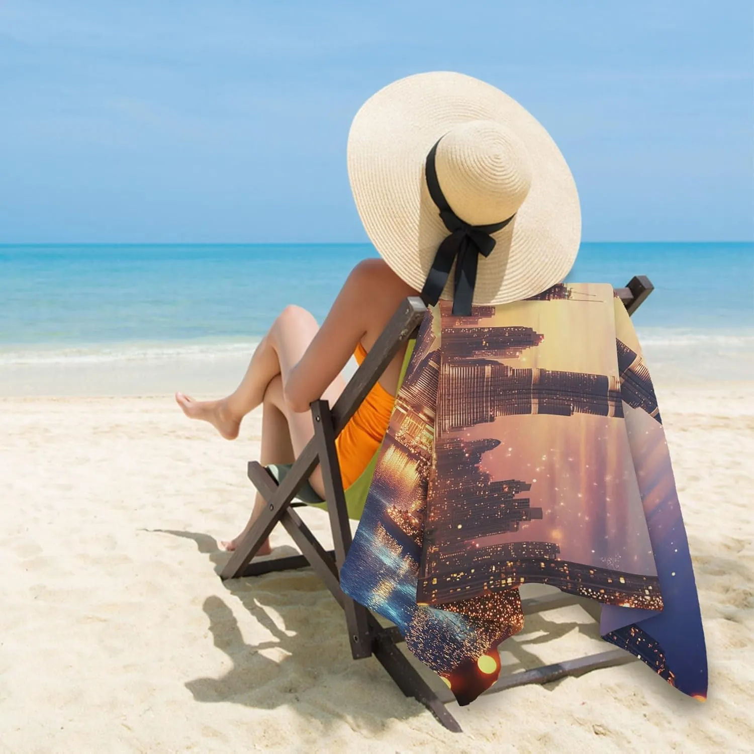 Sunset Glow Outdoor Magnetic Bath Towel, Illuminated Tower Beach Towel Lightweight, Luxury City Bath Towel 30"x60" Super Absorbent for Swimming Travel Camping