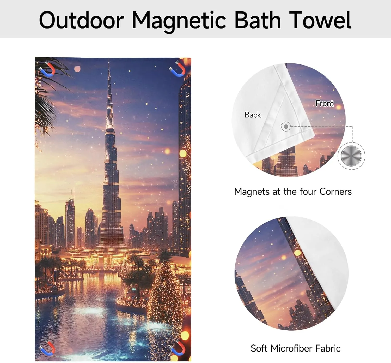 Sunset Glow Outdoor Magnetic Bath Towel, Illuminated Tower Beach Towel Lightweight, Luxury City Bath Towel 30"x60" Super Absorbent for Swimming Travel Camping