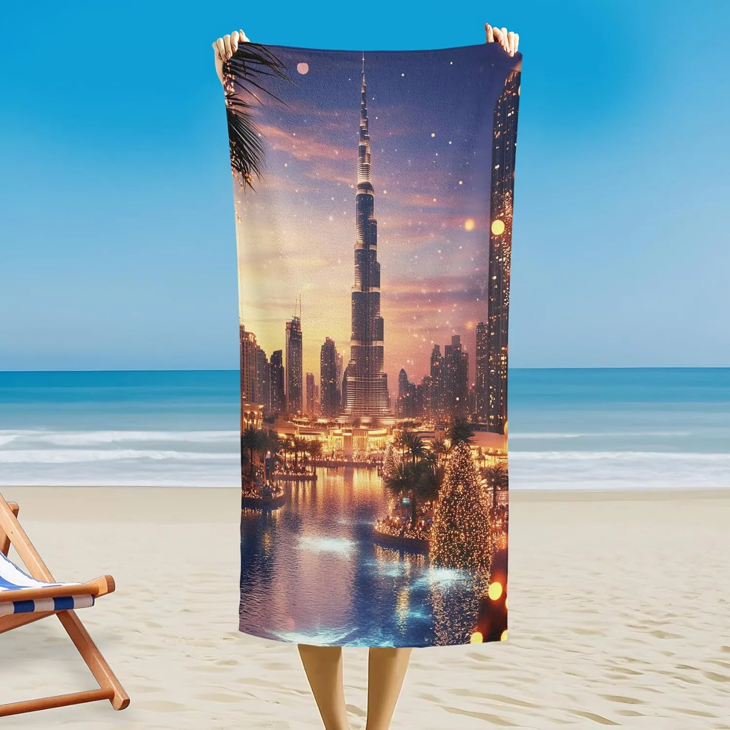 Sunset Glow Outdoor Magnetic Bath Towel, Illuminated Tower Beach Towel Lightweight, Luxury City Bath Towel 30"x60" Super Absorbent for Swimming Travel Camping