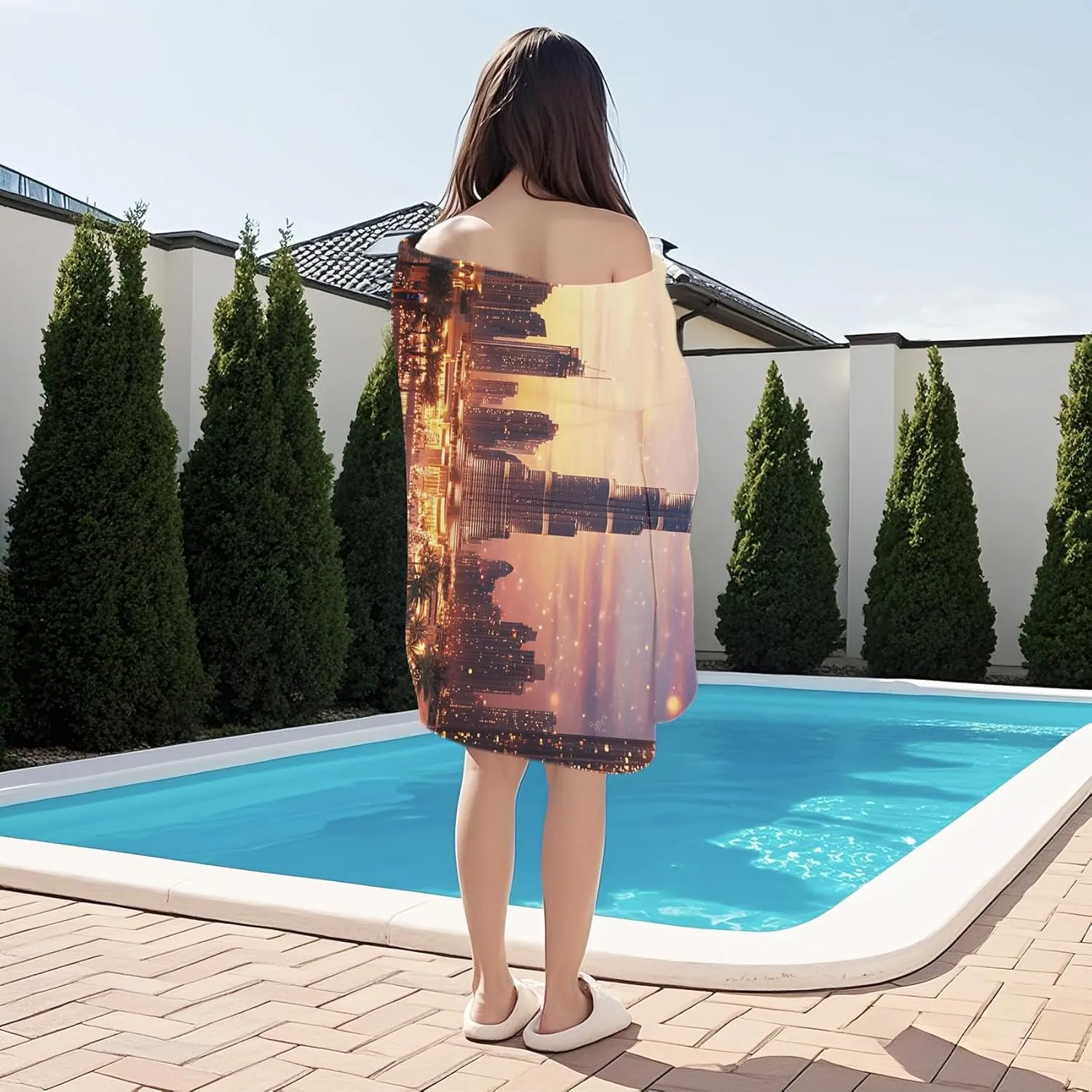 Sunset Glow Outdoor Magnetic Bath Towel, Illuminated Tower Beach Towel Lightweight, Luxury City Bath Towel 30"x60" Super Absorbent for Swimming Travel Camping