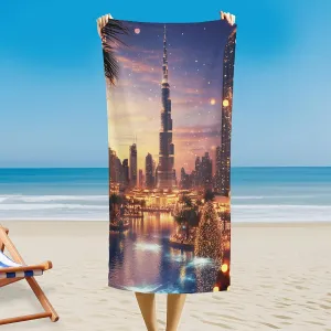 Sunset Glow Outdoor Magnetic Bath Towel, Illuminated Tower Beach Towel Lightweight, Luxury City Bath Towel 30"x60" Super Absorbent for Swimming Travel Camping