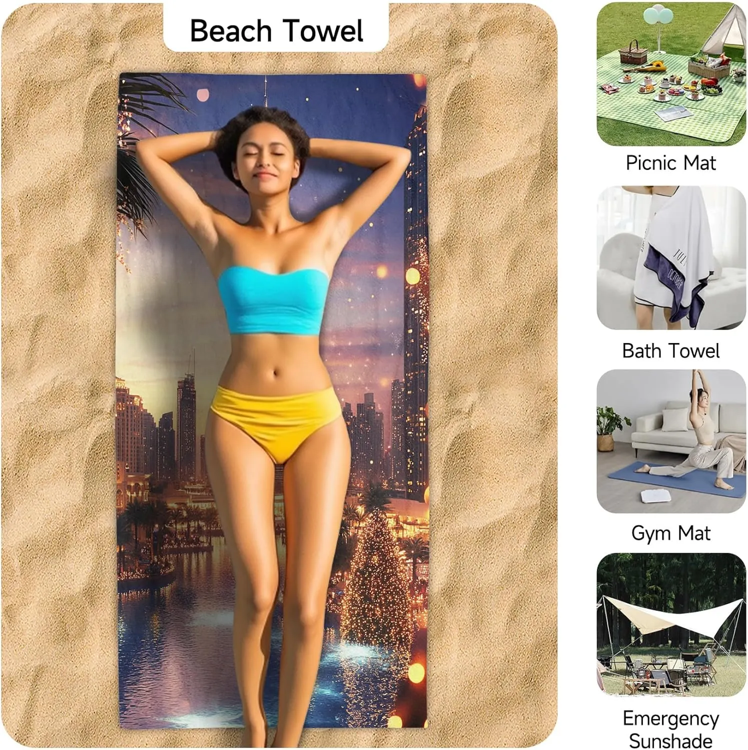 Sunset Glow Outdoor Magnetic Bath Towel, Illuminated Tower Beach Towel Lightweight, Luxury City Bath Towel 30"x60" Super Absorbent for Swimming Travel Camping