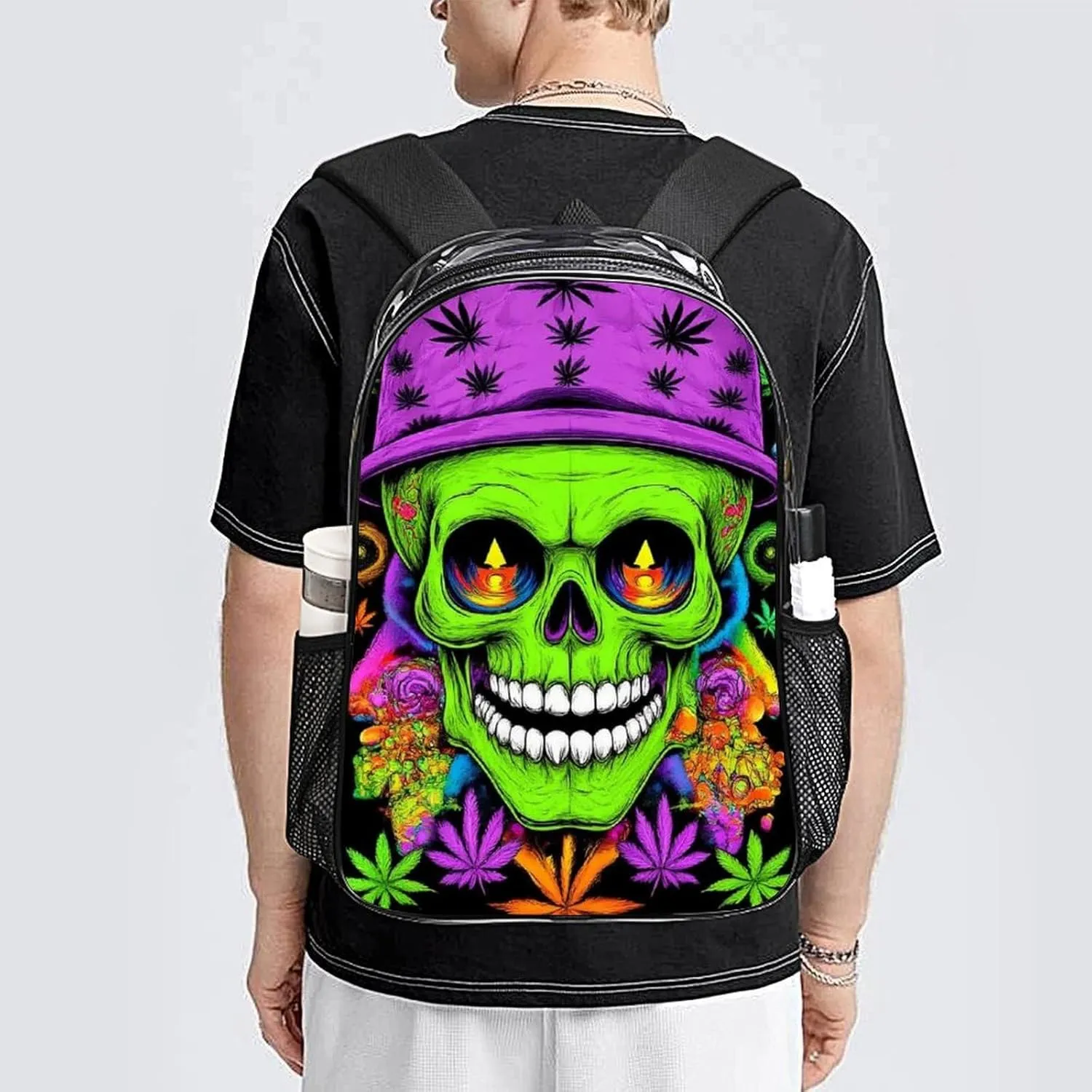 Supdreamc Adults Lightweight Trippy Space Marijuanaweed Alien Art Rucksacks Large Capacity Bookbag Transparent Bag for Trekking Outdoors Bicycle