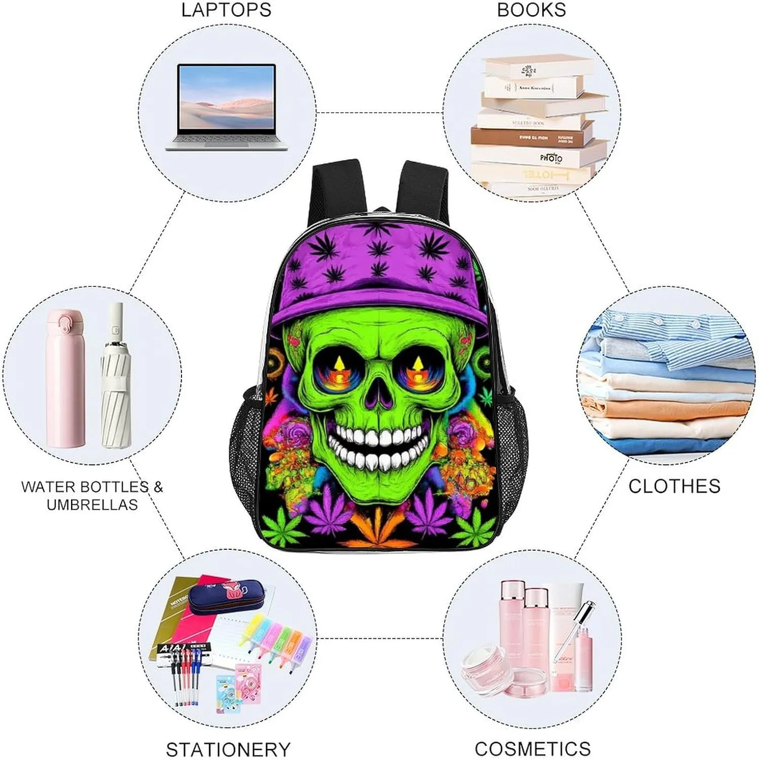 Supdreamc Adults Lightweight Trippy Space Marijuanaweed Alien Art Rucksacks Large Capacity Bookbag Transparent Bag for Trekking Outdoors Bicycle