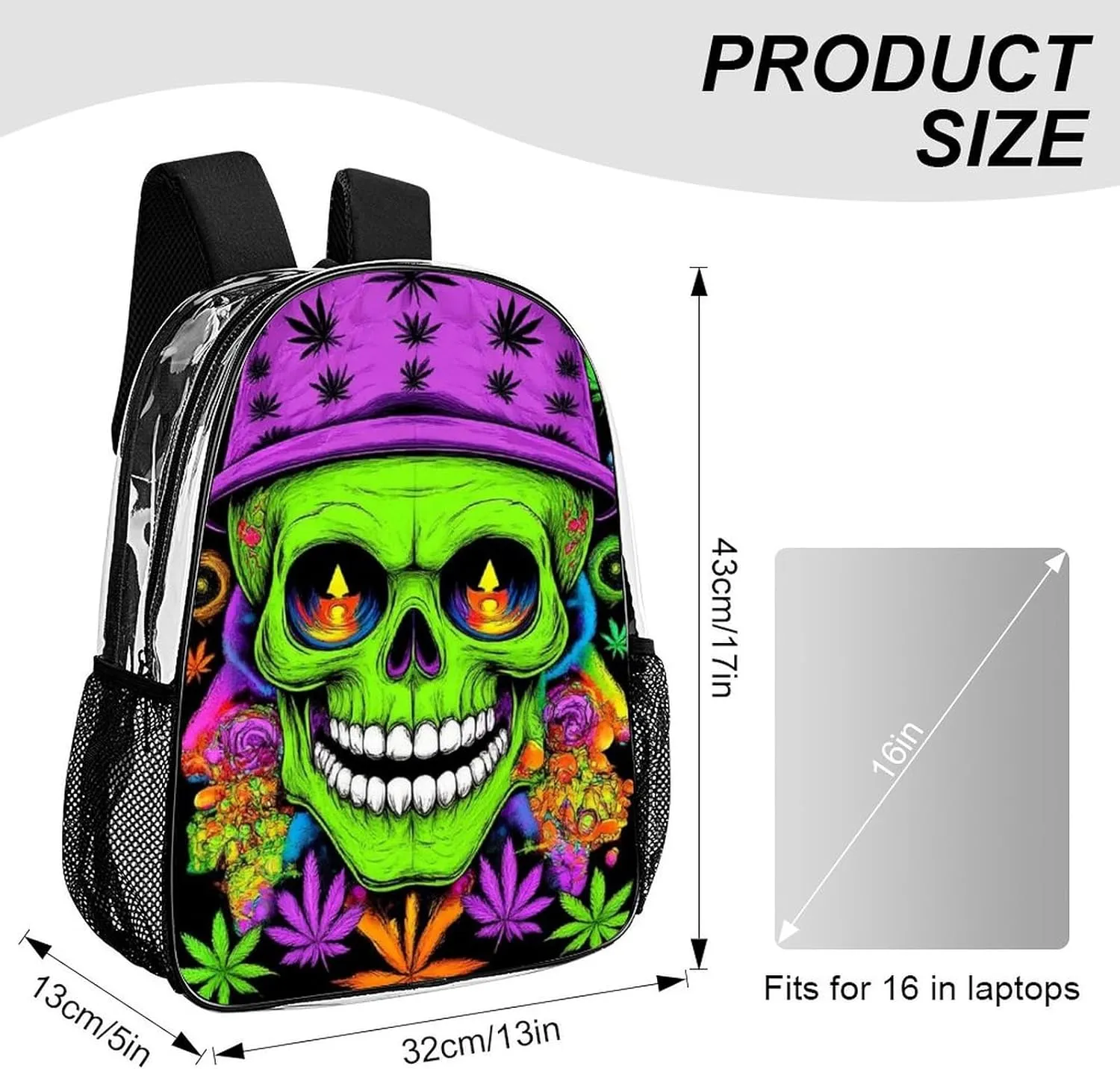 Supdreamc Adults Lightweight Trippy Space Marijuanaweed Alien Art Rucksacks Large Capacity Bookbag Transparent Bag for Trekking Outdoors Bicycle