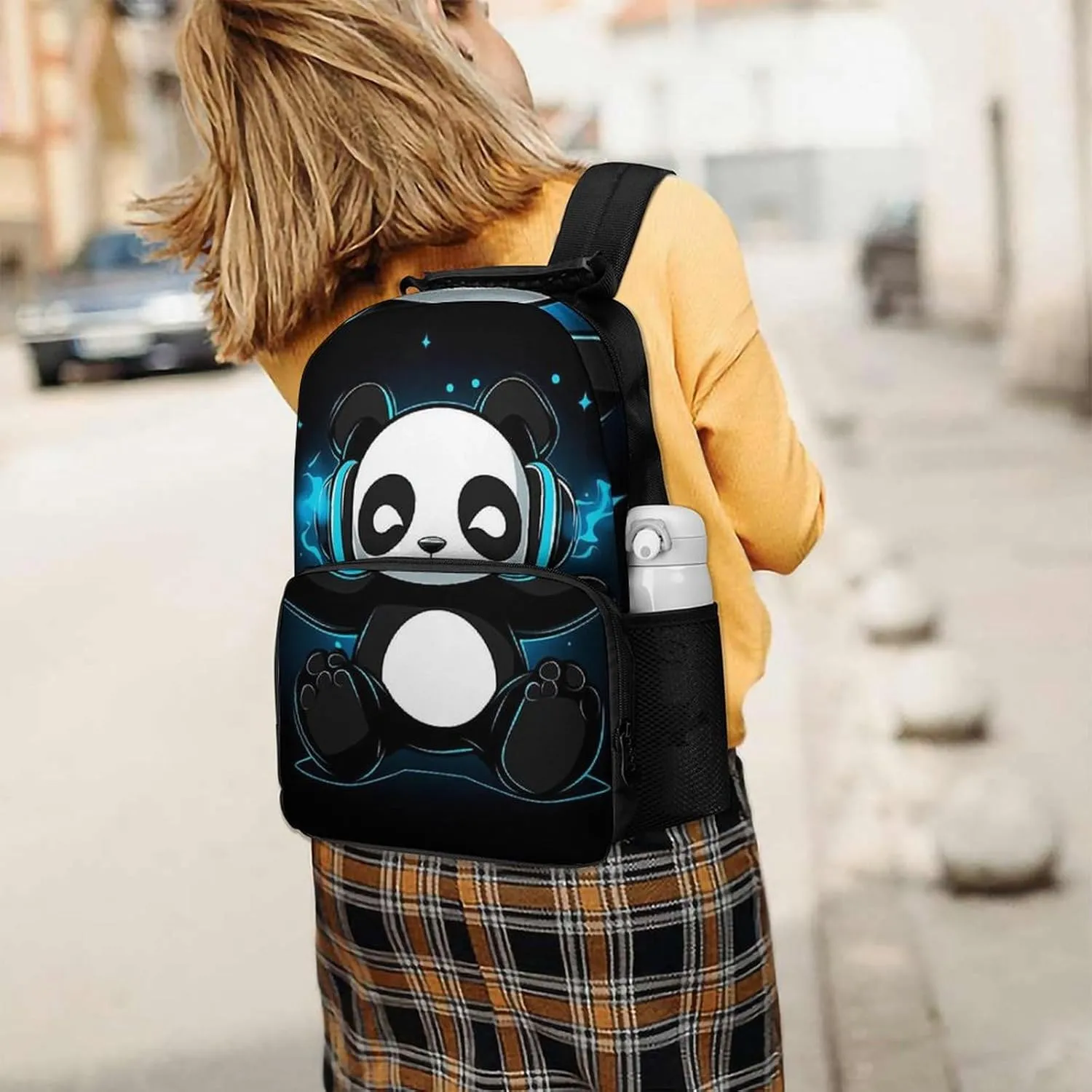 Supdreamc Black And White Panda Animal Headphones Music Cute Panda Daypack Backpack Polyester Multipurpose Anti-Theft Shoulder Bag Big Capacity Gym Outdoor Hiking Backpack With Smooth Zippers