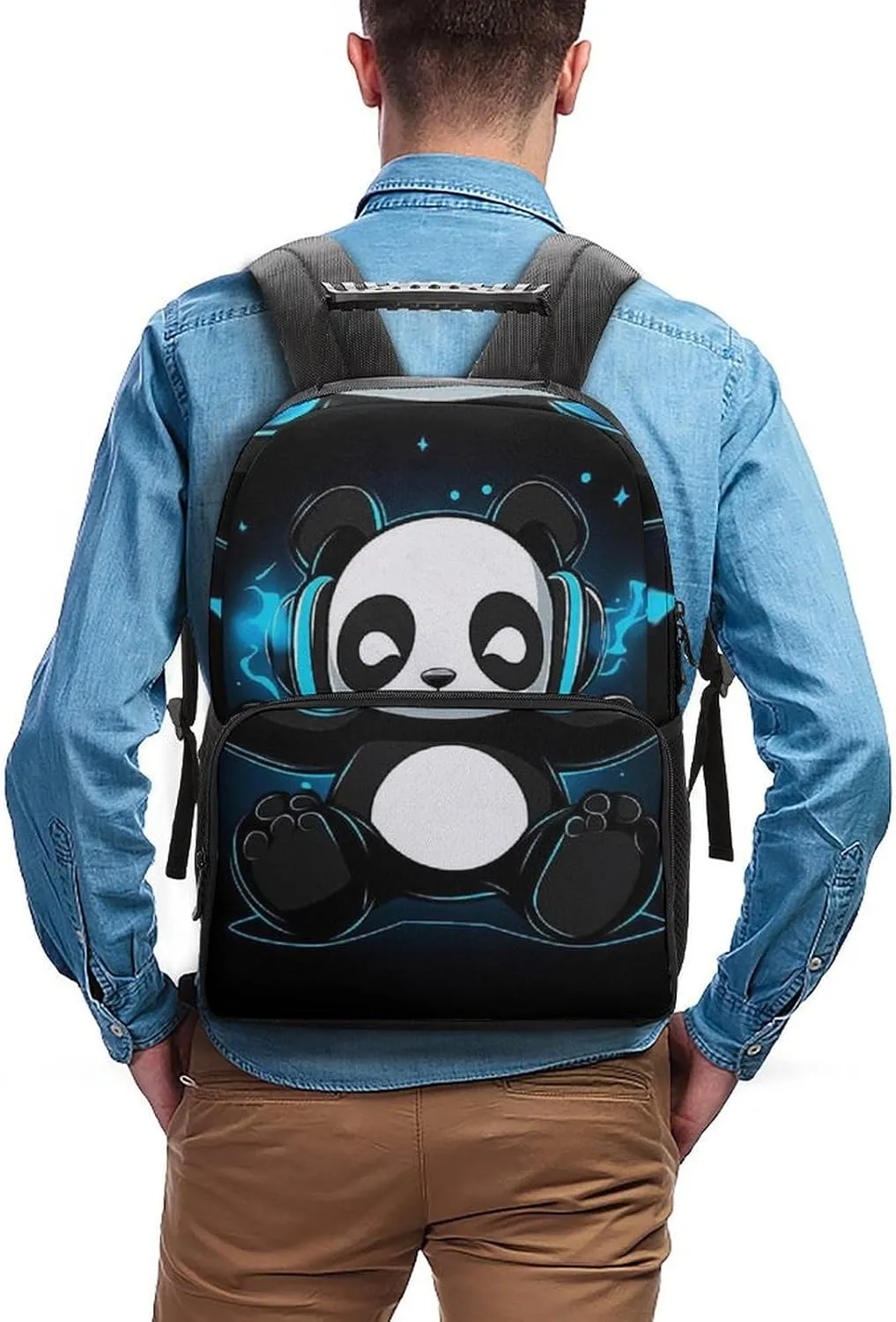 Supdreamc Black And White Panda Animal Headphones Music Cute Panda Daypack Backpack Polyester Multipurpose Anti-Theft Shoulder Bag Big Capacity Gym Outdoor Hiking Backpack With Smooth Zippers