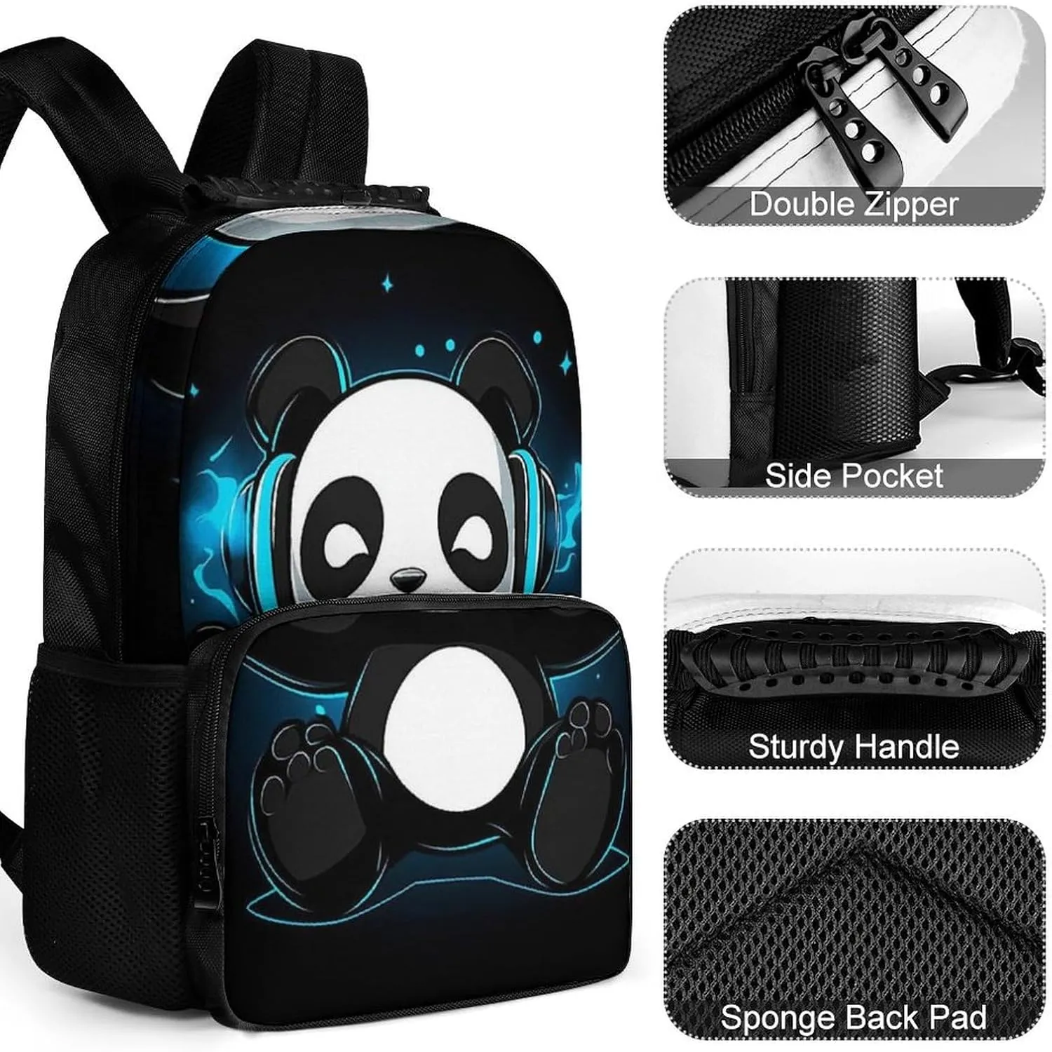 Supdreamc Black And White Panda Animal Headphones Music Cute Panda Daypack Backpack Polyester Multipurpose Anti-Theft Shoulder Bag Big Capacity Gym Outdoor Hiking Backpack With Smooth Zippers