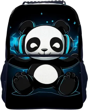 Supdreamc Black And White Panda Animal Headphones Music Cute Panda Daypack Backpack Polyester Multipurpose Anti-Theft Shoulder Bag Big Capacity Gym Outdoor Hiking Backpack With Smooth Zippers