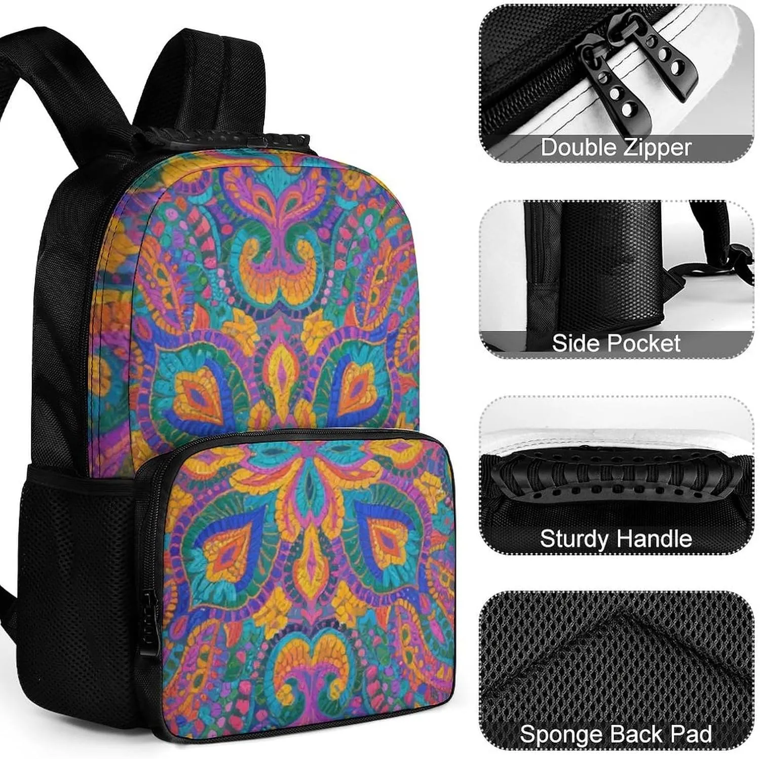 Supdreamc Lightweight Daypack Backpack for Sports Travel Running - Large Capacity Multipurpose Anti-Theft Bookbag, Colorful Flowers Leaves Paisley Art Laptop Backpack Daypack