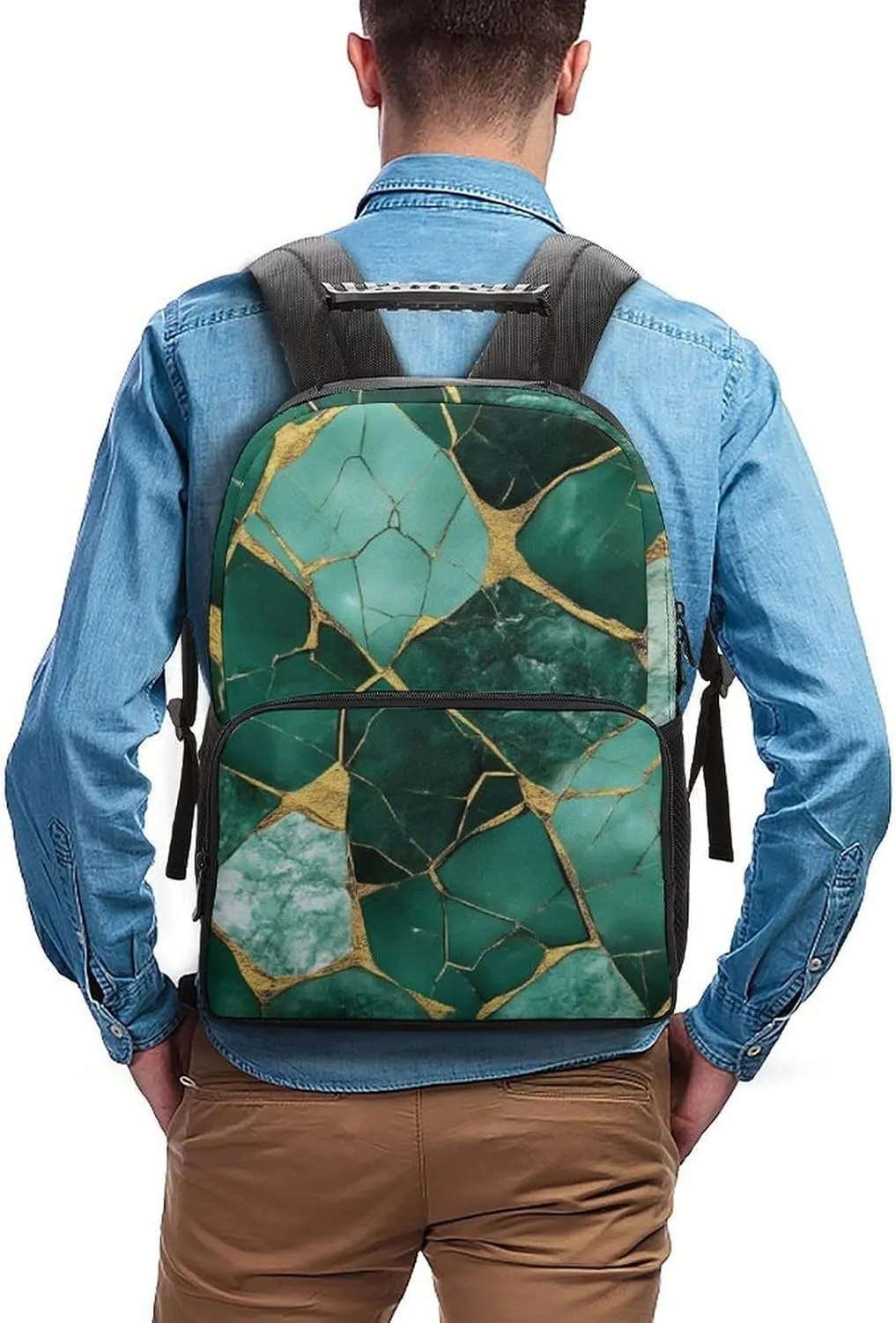 Supdreamc Lightweight Daypack Bookbag for Trekking Business Walking Cycling - Big Capacity Anti-Theft Multipurpose Carry On Bag, Emerald Green Marbled Gold Glitters Green Marble Business Computer Bag