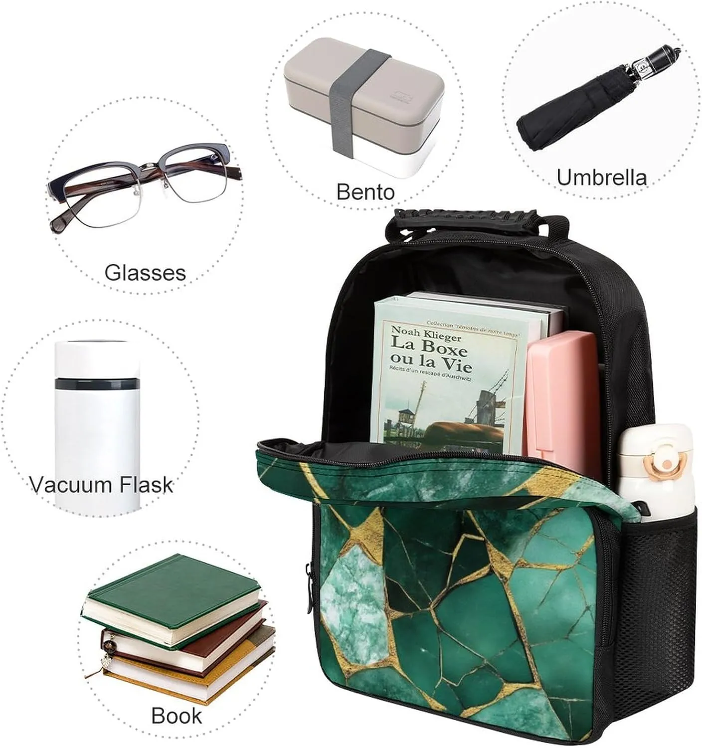 Supdreamc Lightweight Daypack Bookbag for Trekking Business Walking Cycling - Big Capacity Anti-Theft Multipurpose Carry On Bag, Emerald Green Marbled Gold Glitters Green Marble Business Computer Bag