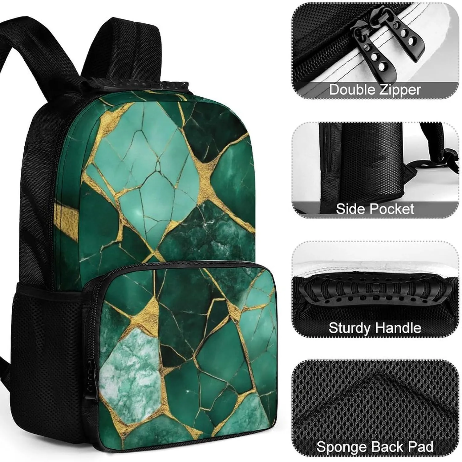 Supdreamc Lightweight Daypack Bookbag for Trekking Business Walking Cycling - Big Capacity Anti-Theft Multipurpose Carry On Bag, Emerald Green Marbled Gold Glitters Green Marble Business Computer Bag