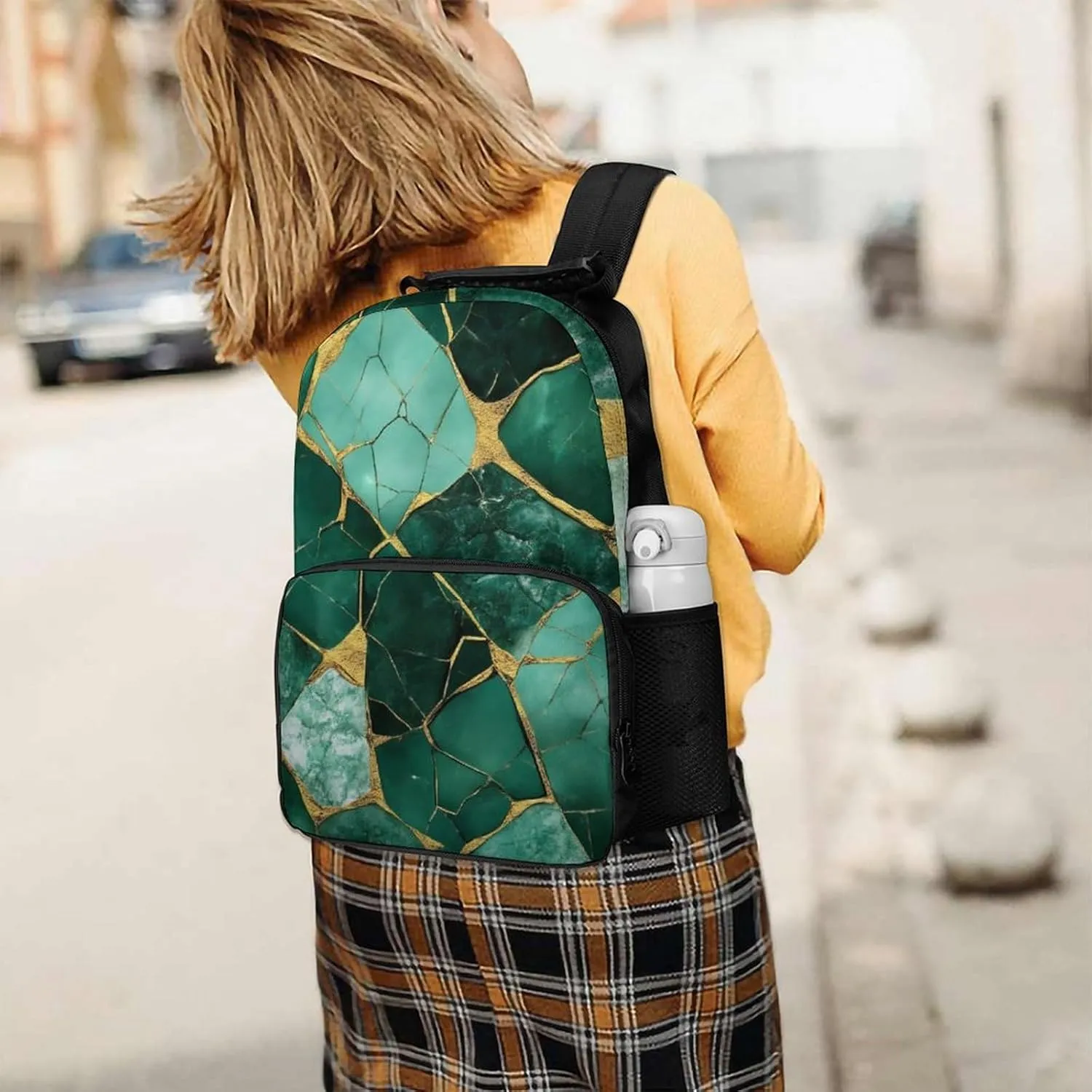 Supdreamc Lightweight Daypack Bookbag for Trekking Business Walking Cycling - Big Capacity Anti-Theft Multipurpose Carry On Bag, Emerald Green Marbled Gold Glitters Green Marble Business Computer Bag