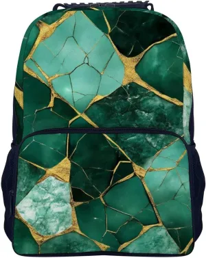 Supdreamc Lightweight Daypack Bookbag for Trekking Business Walking Cycling - Big Capacity Anti-Theft Multipurpose Carry On Bag, Emerald Green Marbled Gold Glitters Green Marble Business Computer Bag
