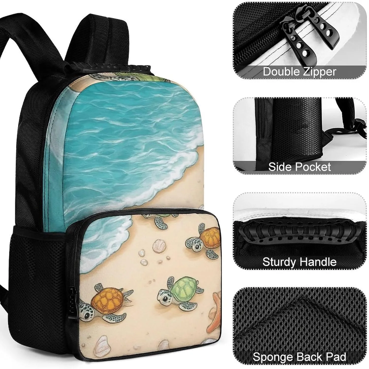 Supdreamc Men & Women Polyester Beach Turtles Backpack Large Capacity Bookbag With Smooth Zippers for Climbing Picnic Bicycle