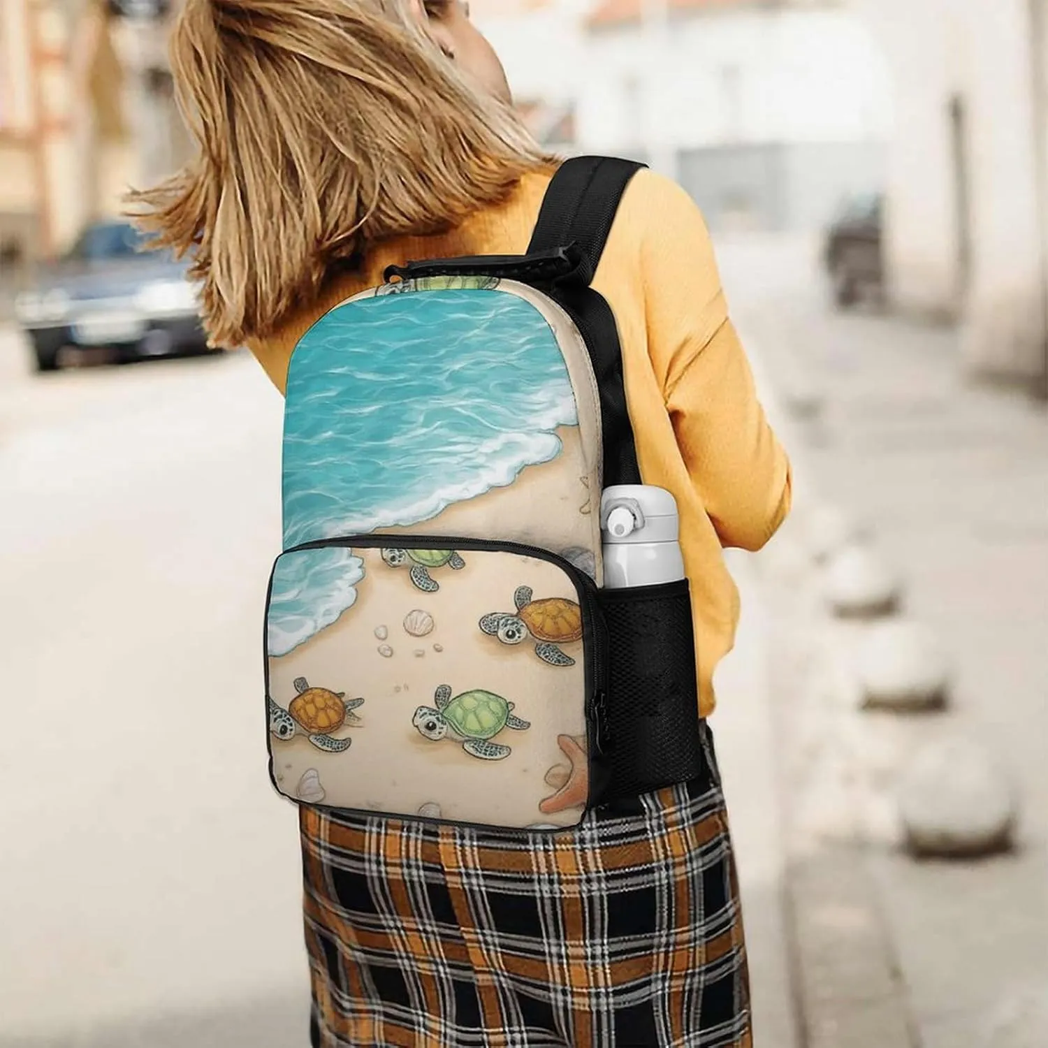 Supdreamc Men & Women Polyester Beach Turtles Backpack Large Capacity Bookbag With Smooth Zippers for Climbing Picnic Bicycle