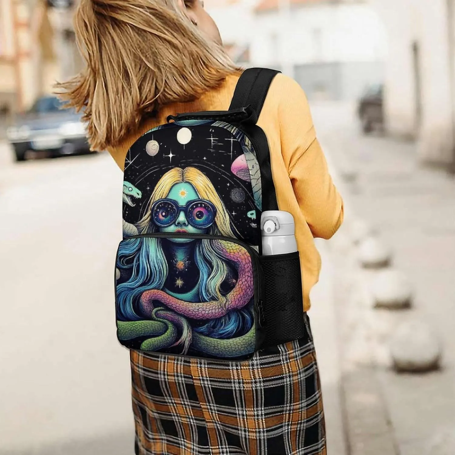 Supdreamc Men & Women Polyester Greek Goddess Snake Queen Medusa Mushroom Art Backpack Large Capacity Bookbag With Smooth Zippers for Climbing Picnic Bicycle
