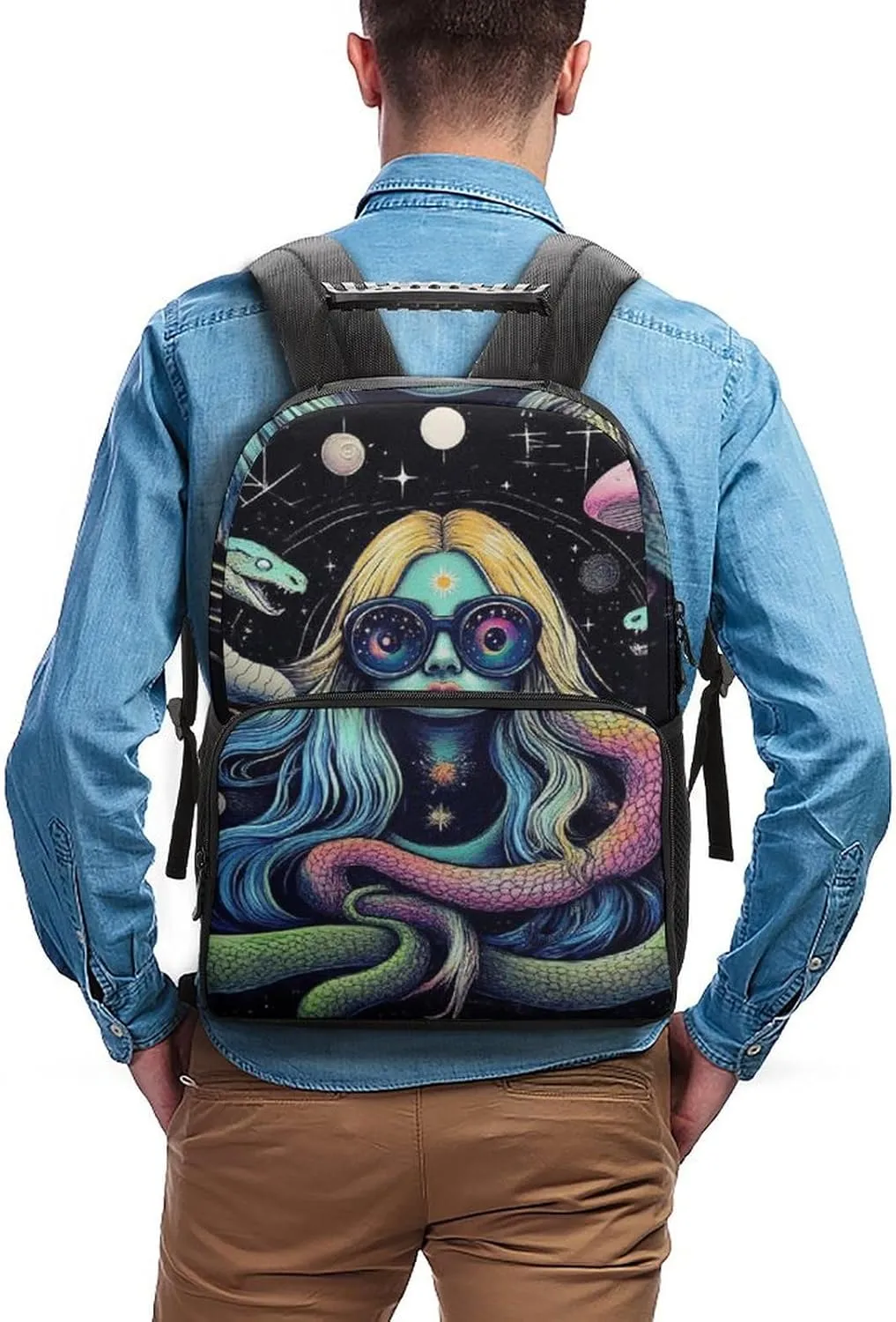 Supdreamc Men & Women Polyester Greek Goddess Snake Queen Medusa Mushroom Art Backpack Large Capacity Bookbag With Smooth Zippers for Climbing Picnic Bicycle