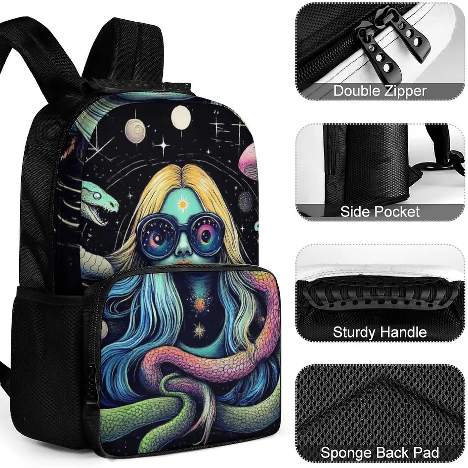 Supdreamc Men & Women Polyester Greek Goddess Snake Queen Medusa Mushroom Art Backpack Large Capacity Bookbag With Smooth Zippers for Climbing Picnic Bicycle