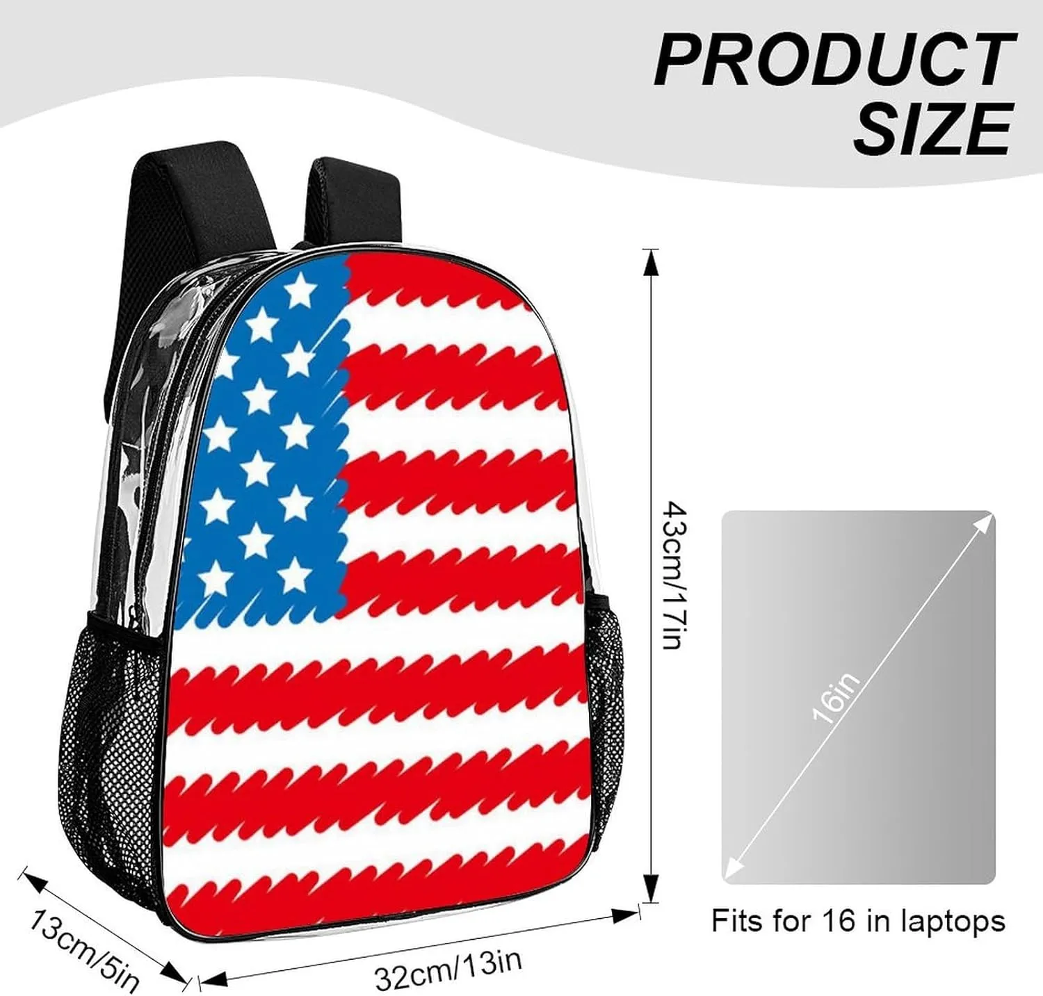 Supdreamc Men Women Lightweight Red Blue White American Flag Backpack Large Capacity Bookbag Transparent Bag for Gym Business Running
