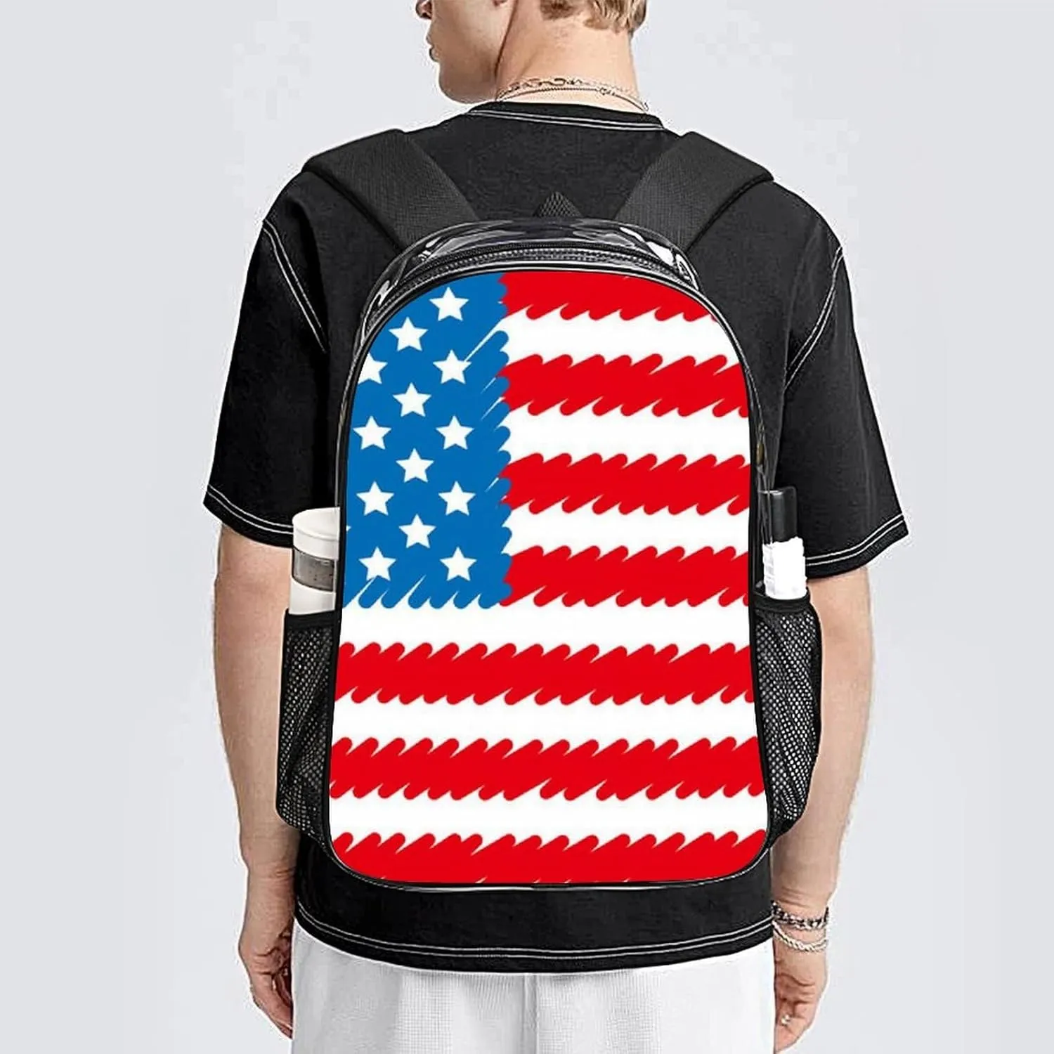 Supdreamc Men Women Lightweight Red Blue White American Flag Backpack Large Capacity Bookbag Transparent Bag for Gym Business Running
