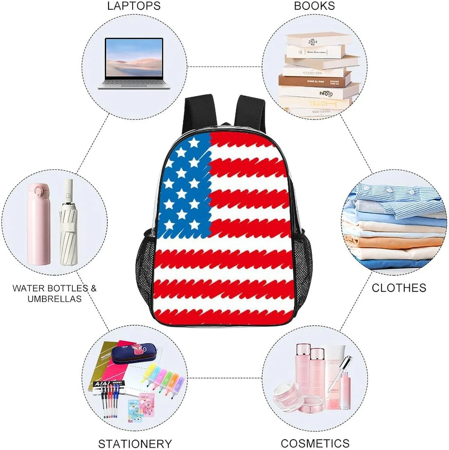 Supdreamc Men Women Lightweight Red Blue White American Flag Backpack Large Capacity Bookbag Transparent Bag for Gym Business Running