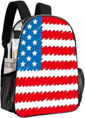 Supdreamc Men Women Lightweight Red Blue White American Flag Backpack Large Capacity Bookbag Transparent Bag for Gym Business Running
