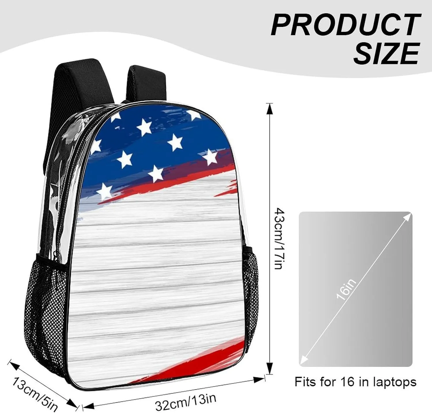 Supdreamc Men Women Transparent American Flag Wooden Pattern Daypack Big Capacity Shoulder Bag With Smooth Zippers for Hiking Work Walking Cycling