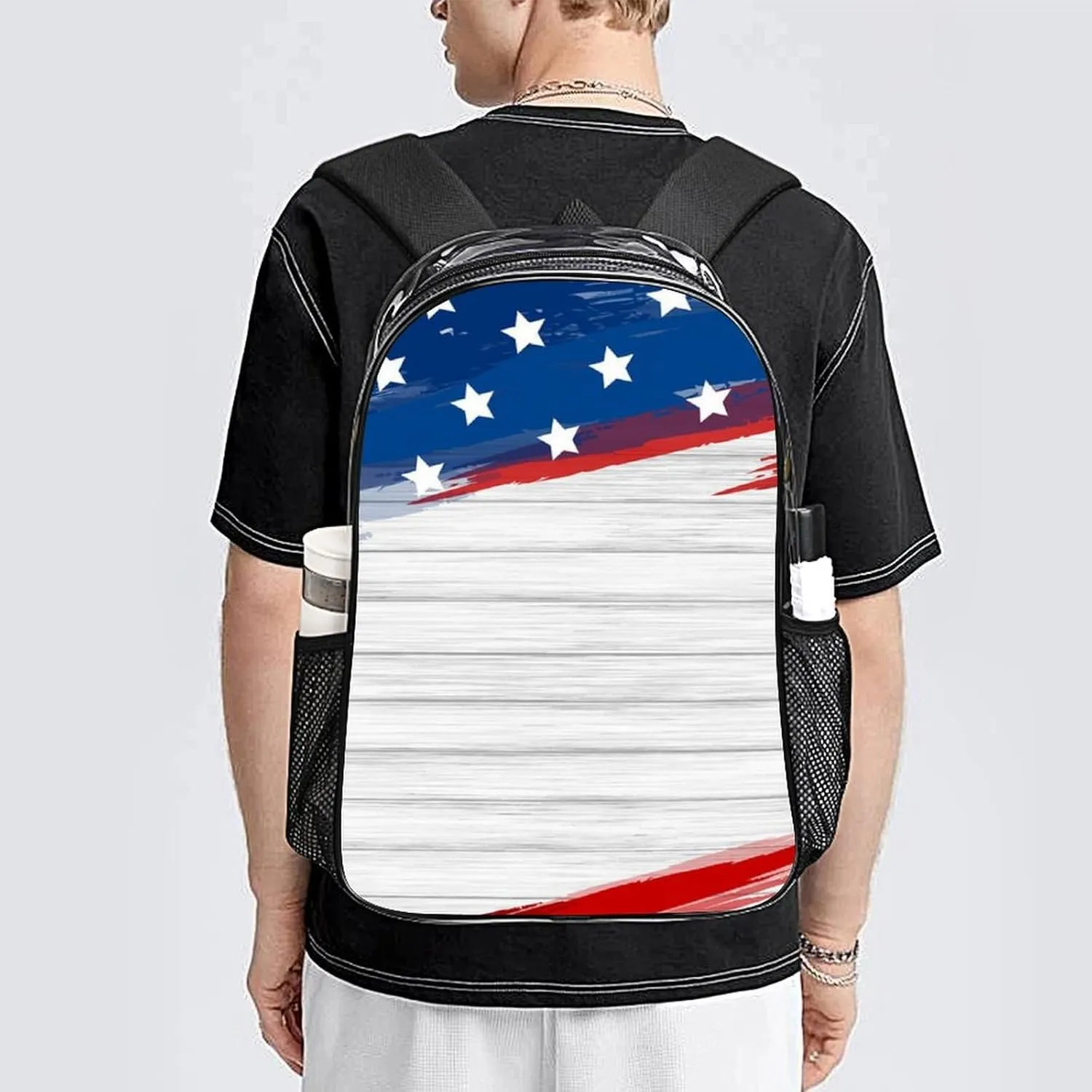 Supdreamc Men Women Transparent American Flag Wooden Pattern Daypack Big Capacity Shoulder Bag With Smooth Zippers for Hiking Work Walking Cycling