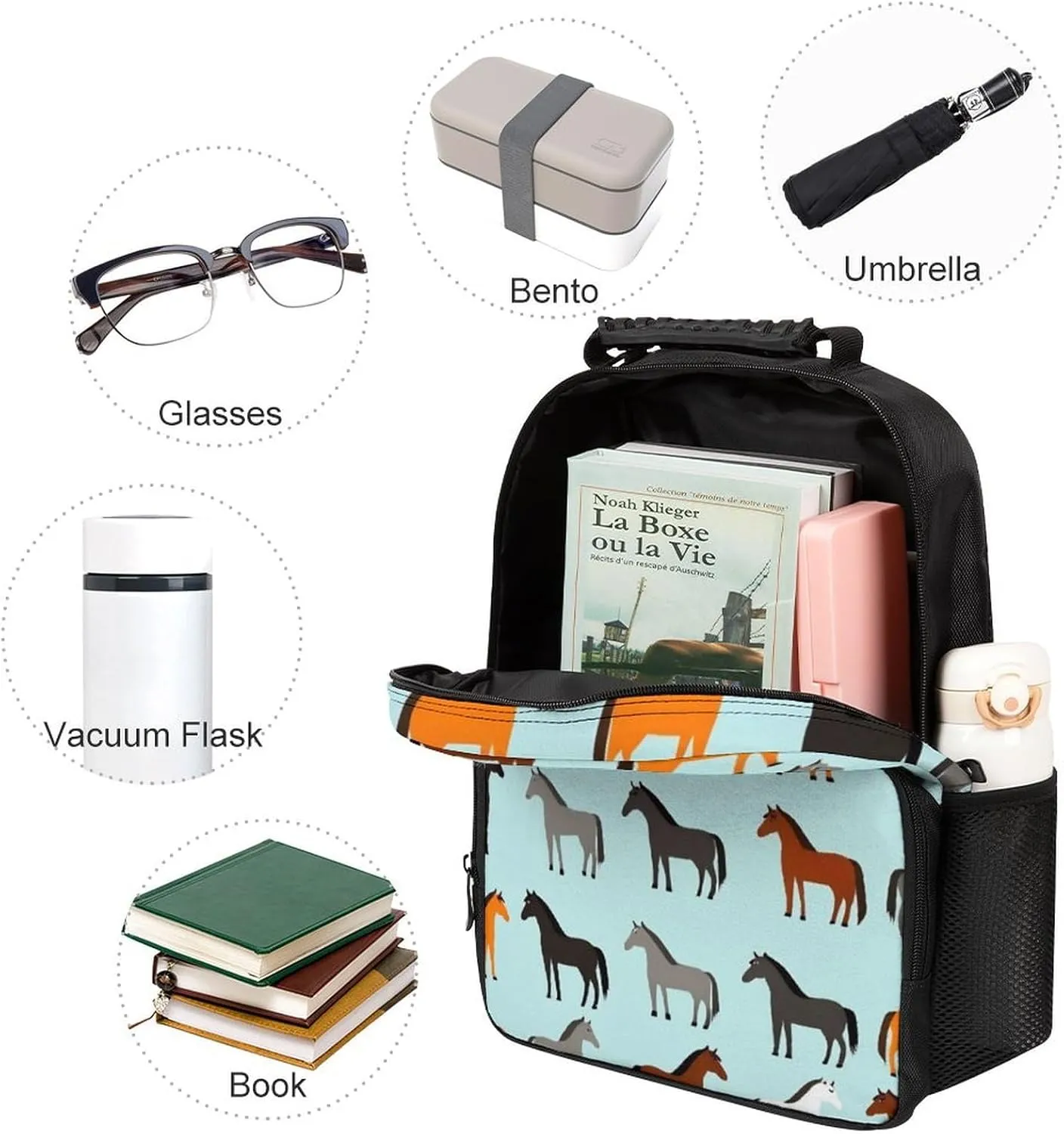 Supdreamc Polyester Daypack Backpack for Trekking Picnic Walking Cycling - Large Capacity Anti-Theft Multipurpose Shoulder Bag, Animal Print Horse Casual Daypack