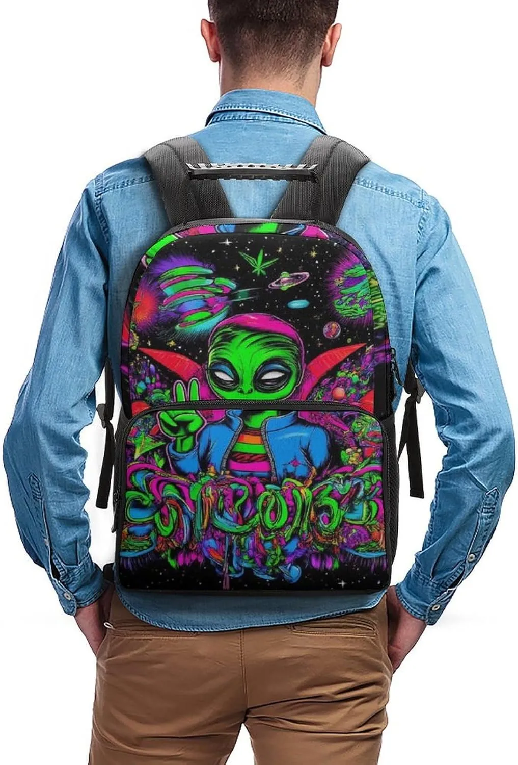 Supdreamc Polyester Daypack Backpack for Trekking Picnic Walking Cycling - Large Capacity Anti-Theft Multipurpose Shoulder Bag, Trippy Space Alien Art Casual Daypack
