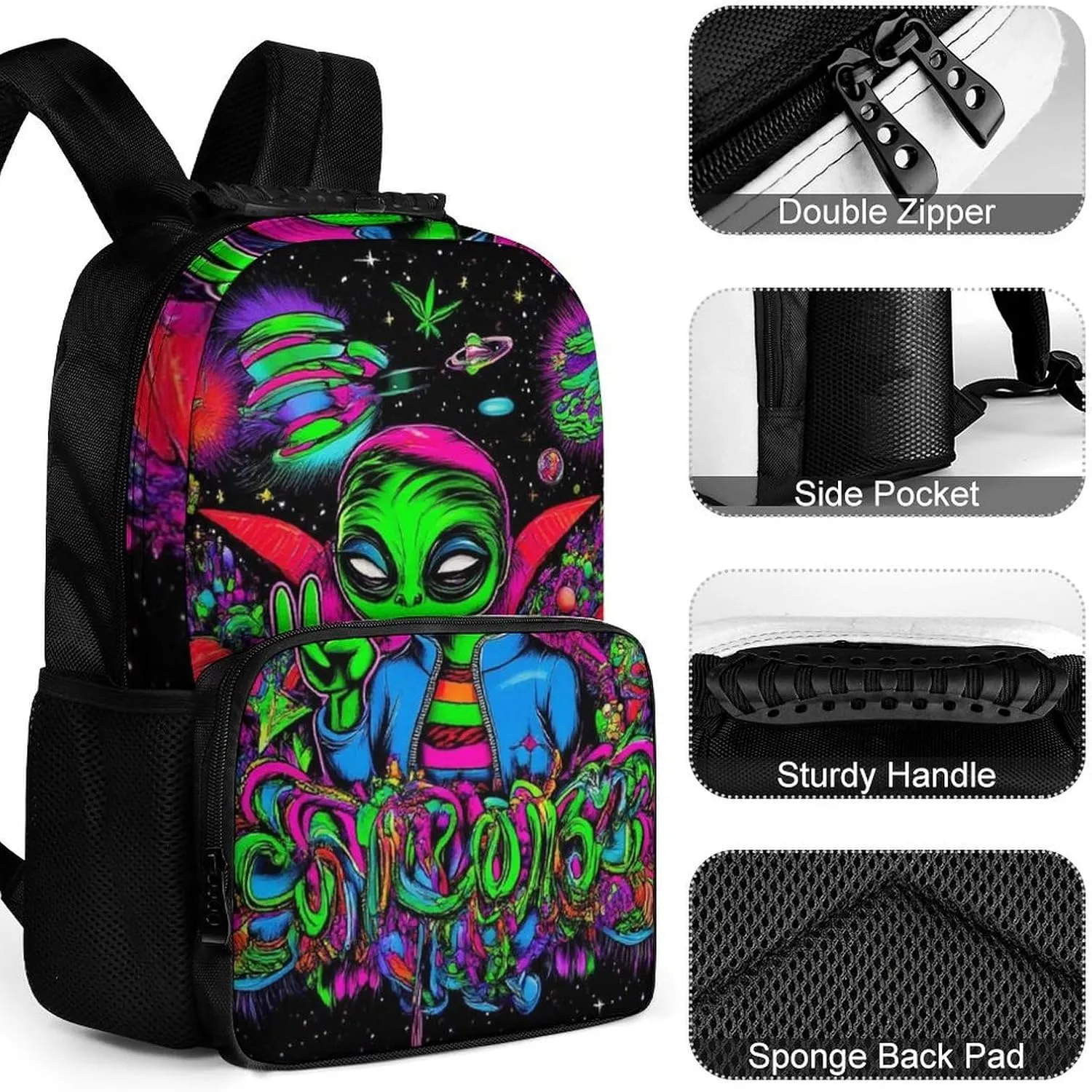 Supdreamc Polyester Daypack Backpack for Trekking Picnic Walking Cycling - Large Capacity Anti-Theft Multipurpose Shoulder Bag, Trippy Space Alien Art Casual Daypack