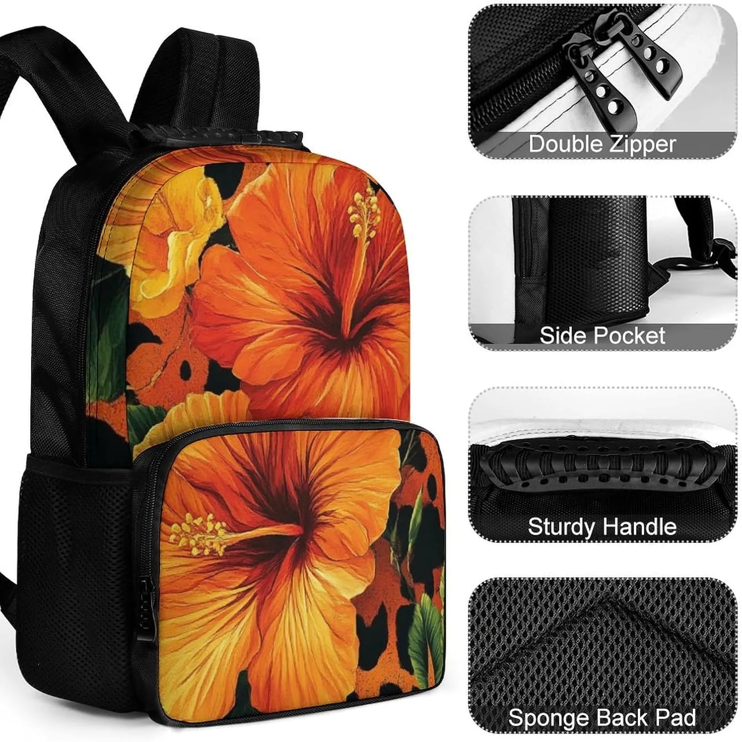 Supdreamc Polyester Daypack Bookbag for Gym Business Bicycle - Large Capacity Multipurpose Anti-Theft Carry On Bag, Orange Yellow Flower Floral Cheetah Leopard Print Travel Hiking Daypack