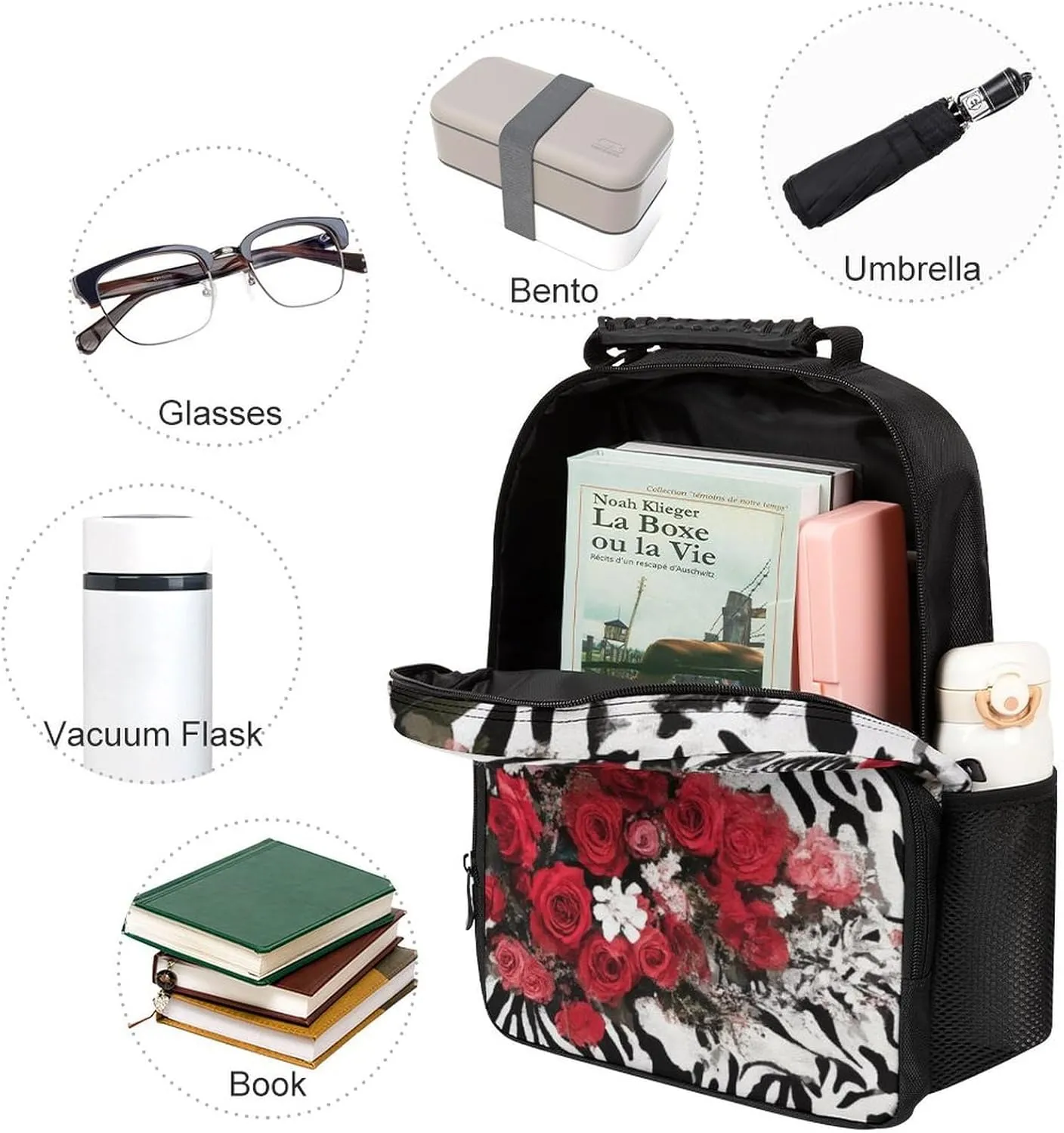 Supdreamc Polyester Daypack for Hiking Work Running - Big Capacity Anti-Theft Multipurpose Shoulder Bag, Cheetah Leopard Zebra Print Floral Black And White Travel and Sport Backpack Rucksack
