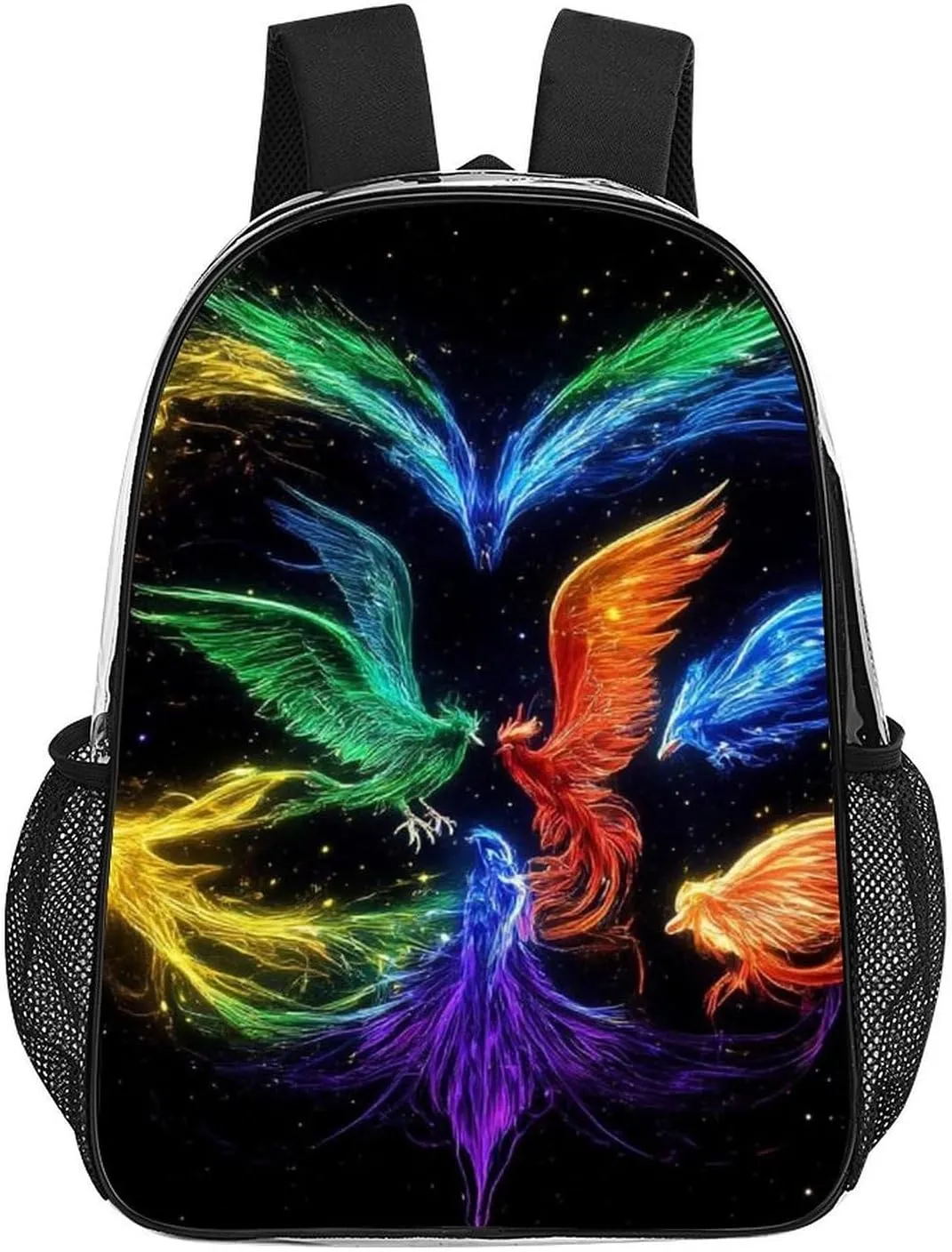 Supdreamc Transparent Daypack Backpack for Trekking Picnic Walking Cycling - Large Capacity Anti-Theft Multipurpose Shoulder Bag, Colorful Fire Flame Birds Black Art Casual Daypack
