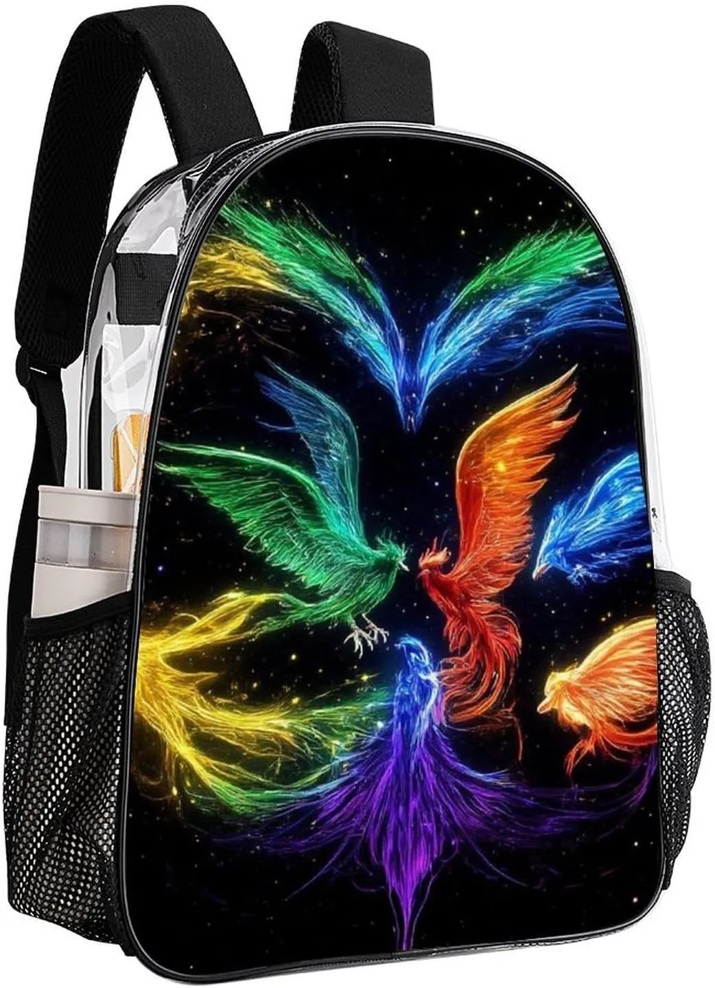 Supdreamc Transparent Daypack Backpack for Trekking Picnic Walking Cycling - Large Capacity Anti-Theft Multipurpose Shoulder Bag, Colorful Fire Flame Birds Black Art Casual Daypack