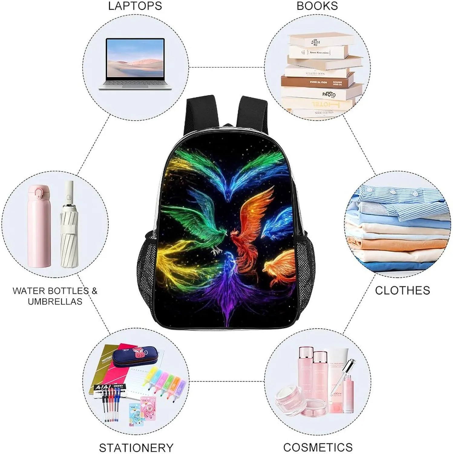 Supdreamc Transparent Daypack Backpack for Trekking Picnic Walking Cycling - Large Capacity Anti-Theft Multipurpose Shoulder Bag, Colorful Fire Flame Birds Black Art Casual Daypack