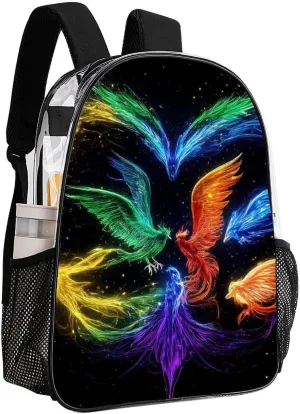Supdreamc Transparent Daypack Backpack for Trekking Picnic Walking Cycling - Large Capacity Anti-Theft Multipurpose Shoulder Bag, Colorful Fire Flame Birds Black Art Casual Daypack